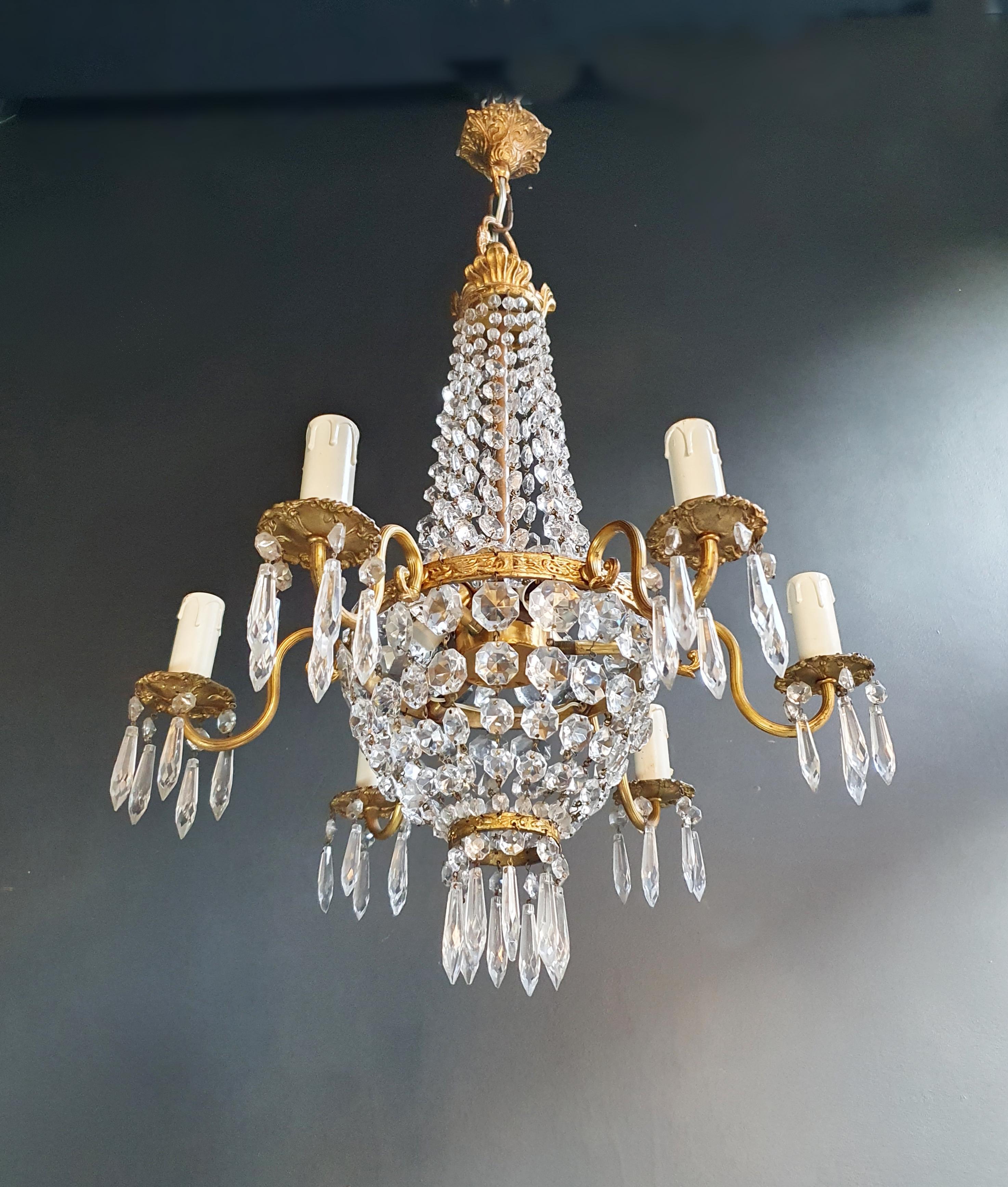 Fine Brass Empire Sac a Pearl Chandelier Crystal Luster Ceiling Lamp Antique In Good Condition In Berlin, DE