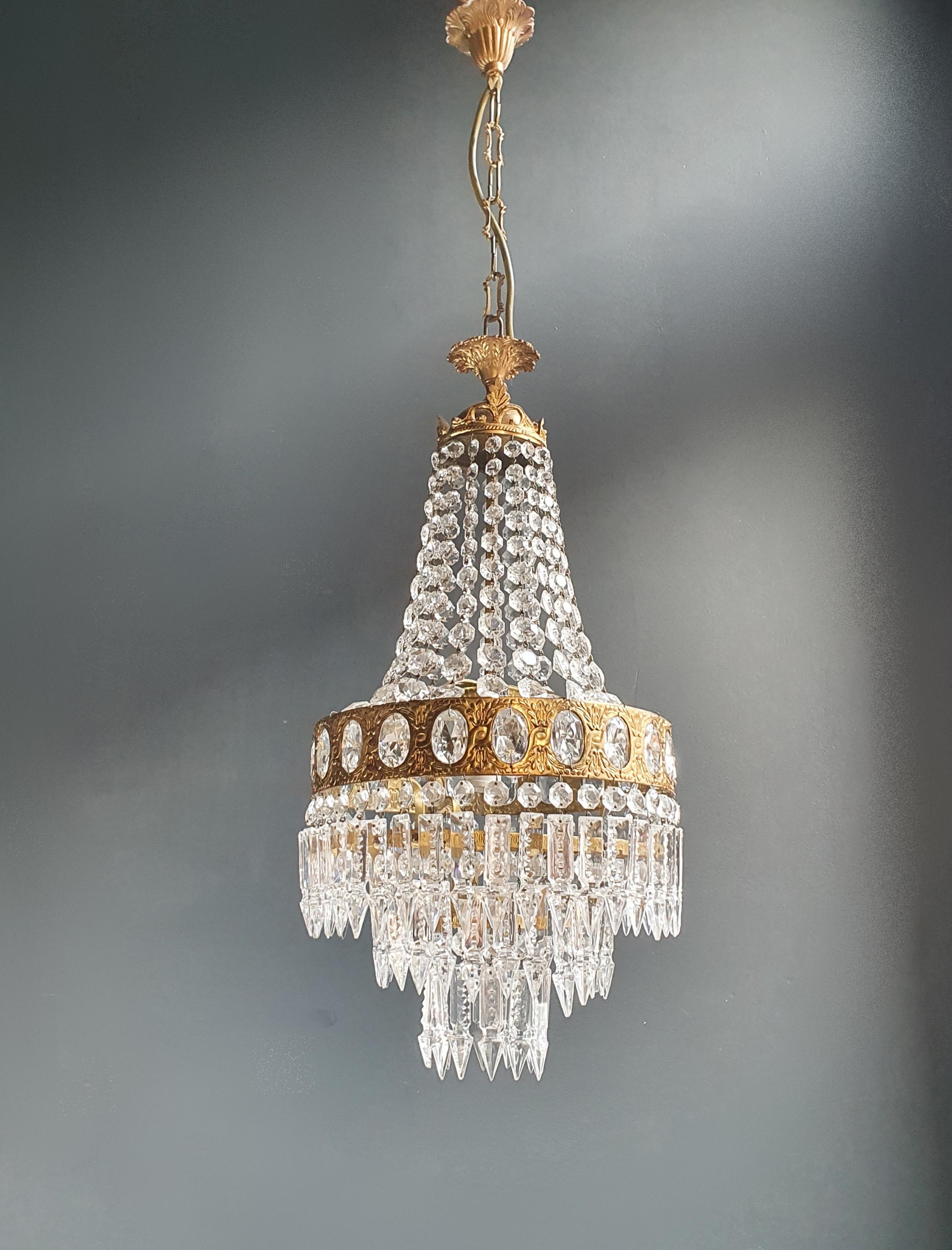 Mid-20th Century Fine Brass Empire Sac a Pearl Chandelier Crystal Antique Small
