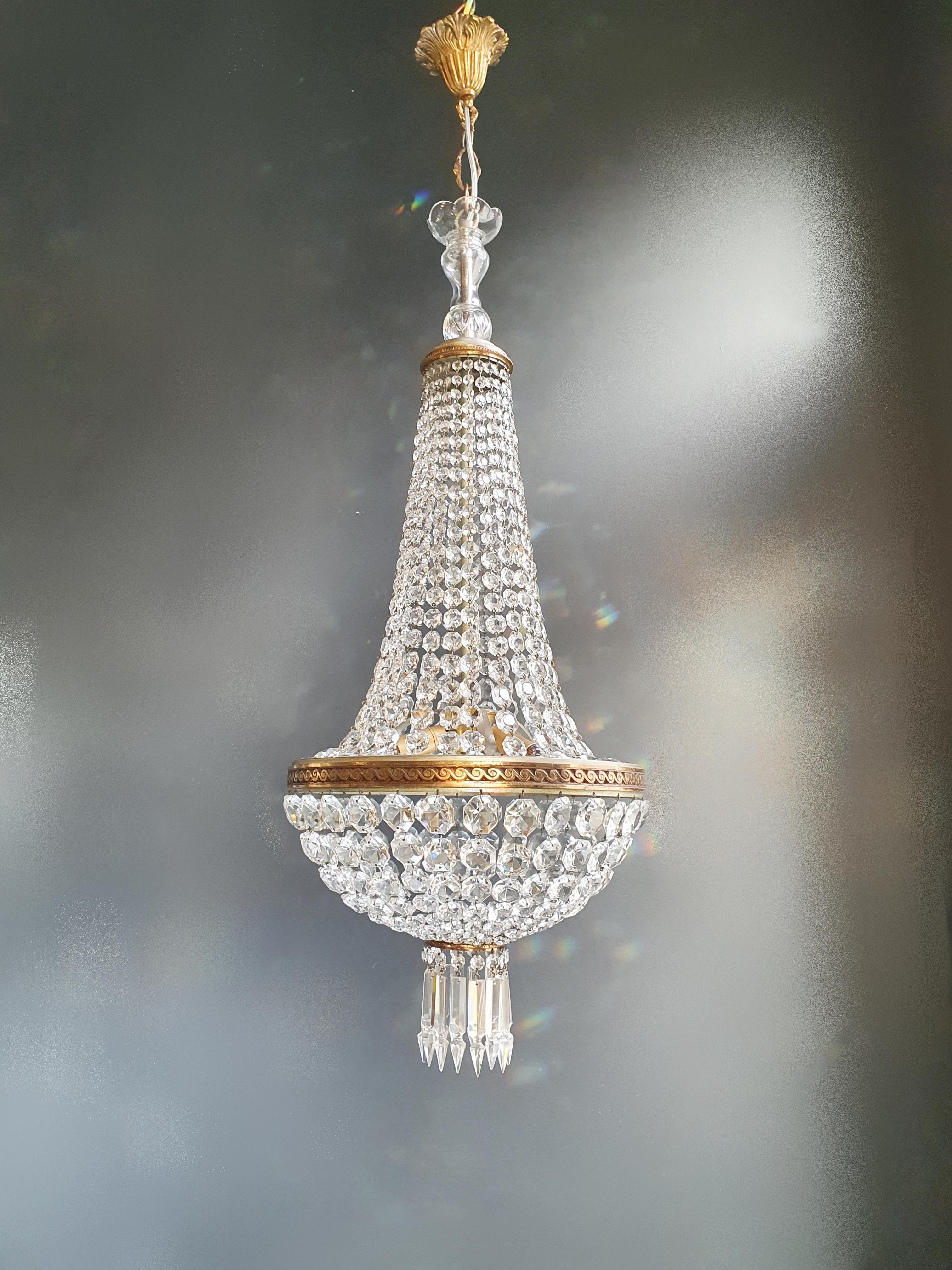 Mid-20th Century Fine Brass Empire Sac a Pearl Chandelier Crystal Lustre Ceiling Lamp Antique