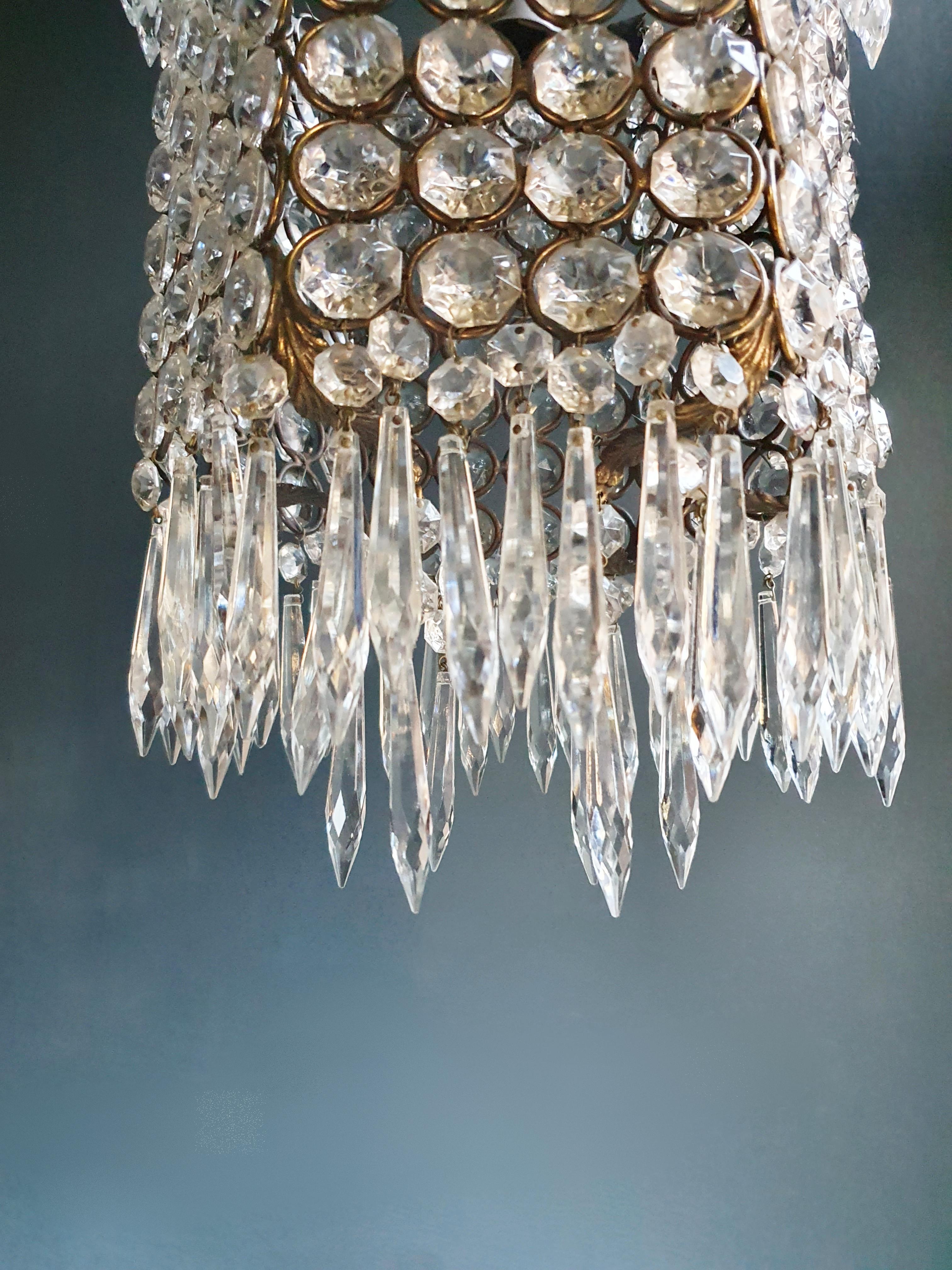 Mid-20th Century Fine Brass Empire Sac a Pearl Chandelier Crystal Lustre Ceiling Lamp Antique