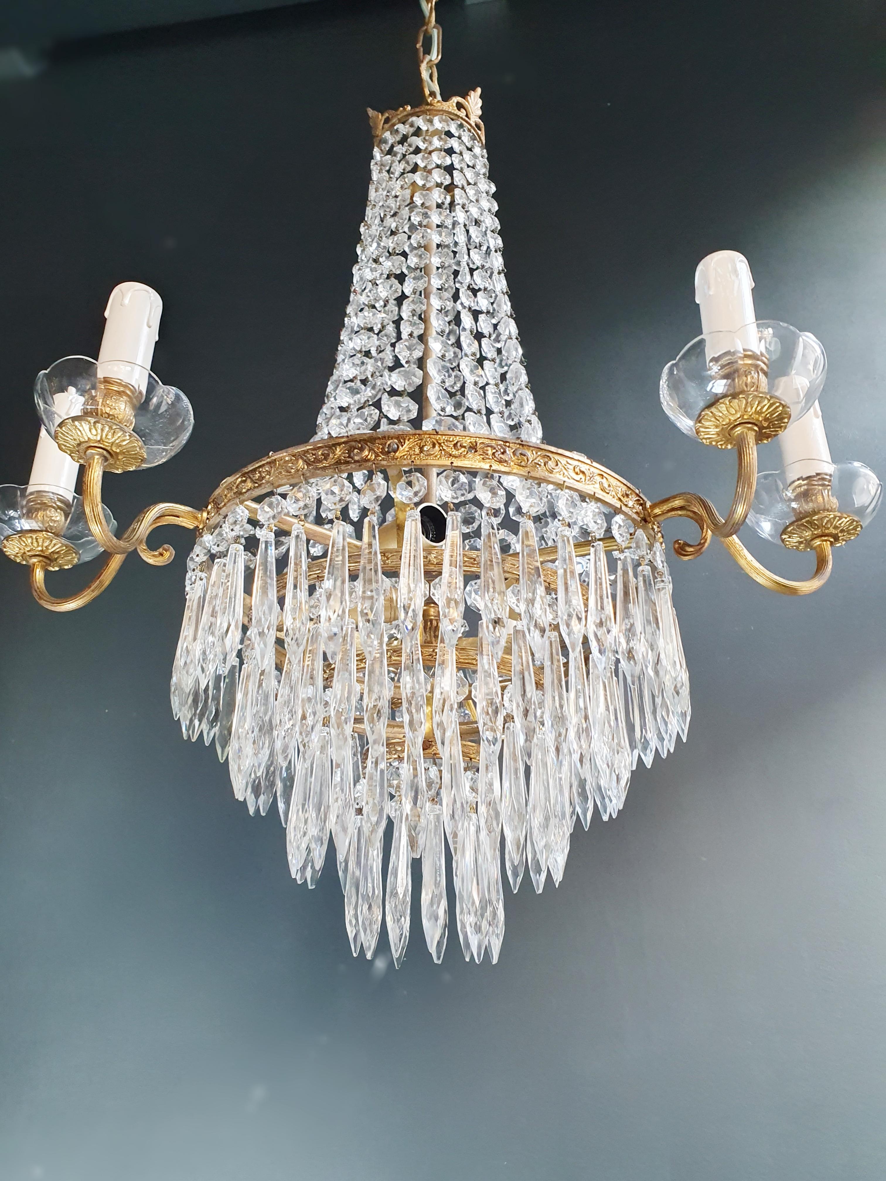 Fine Brass Empire Sac a Pearl Chandelier Crystal Lustre Ceiling Lamp Antique 1