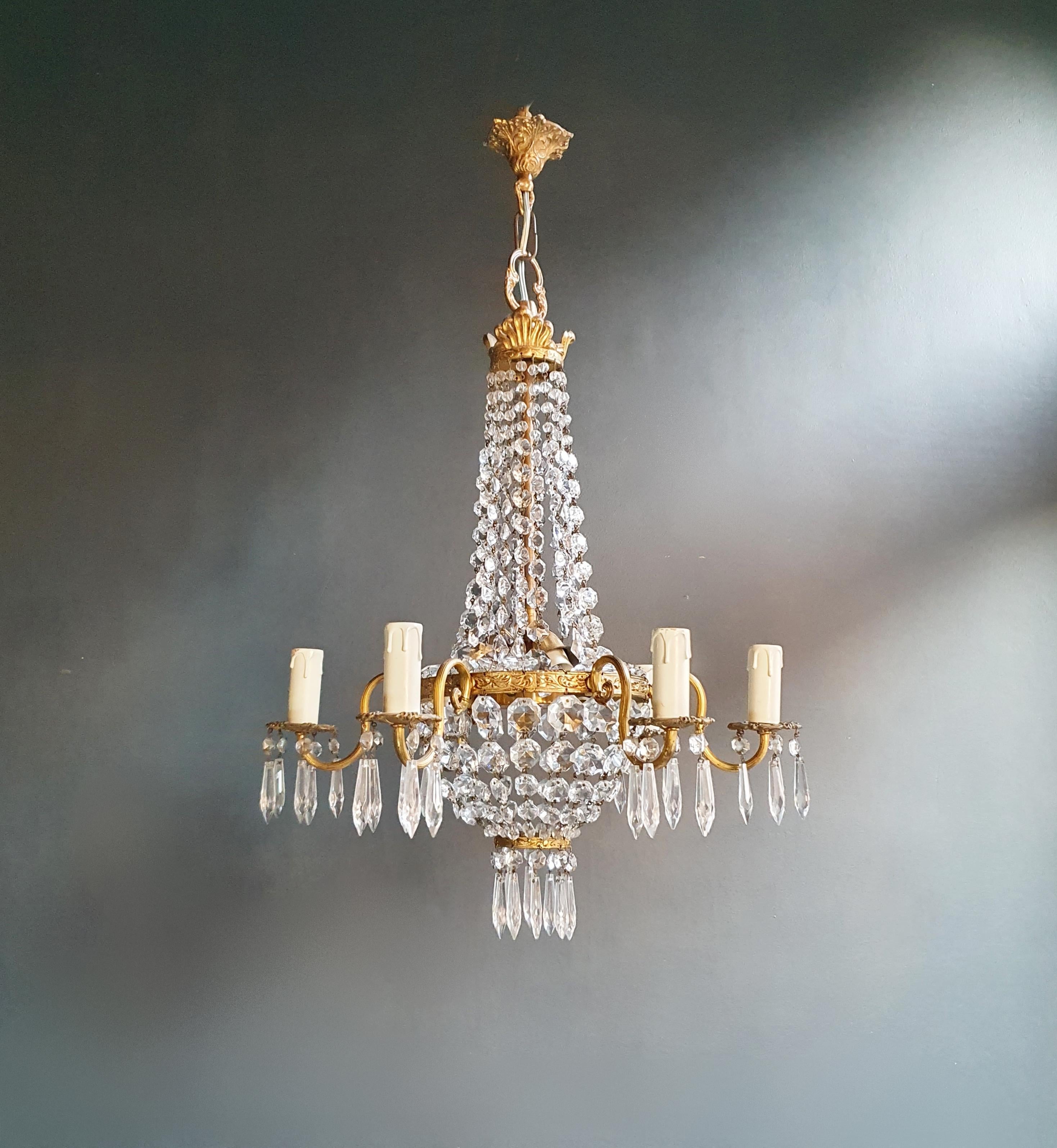 Mid-20th Century Fine Brass Empire Sac a Pearl Chandelier Crystal Luster Ceiling Lamp Antique
