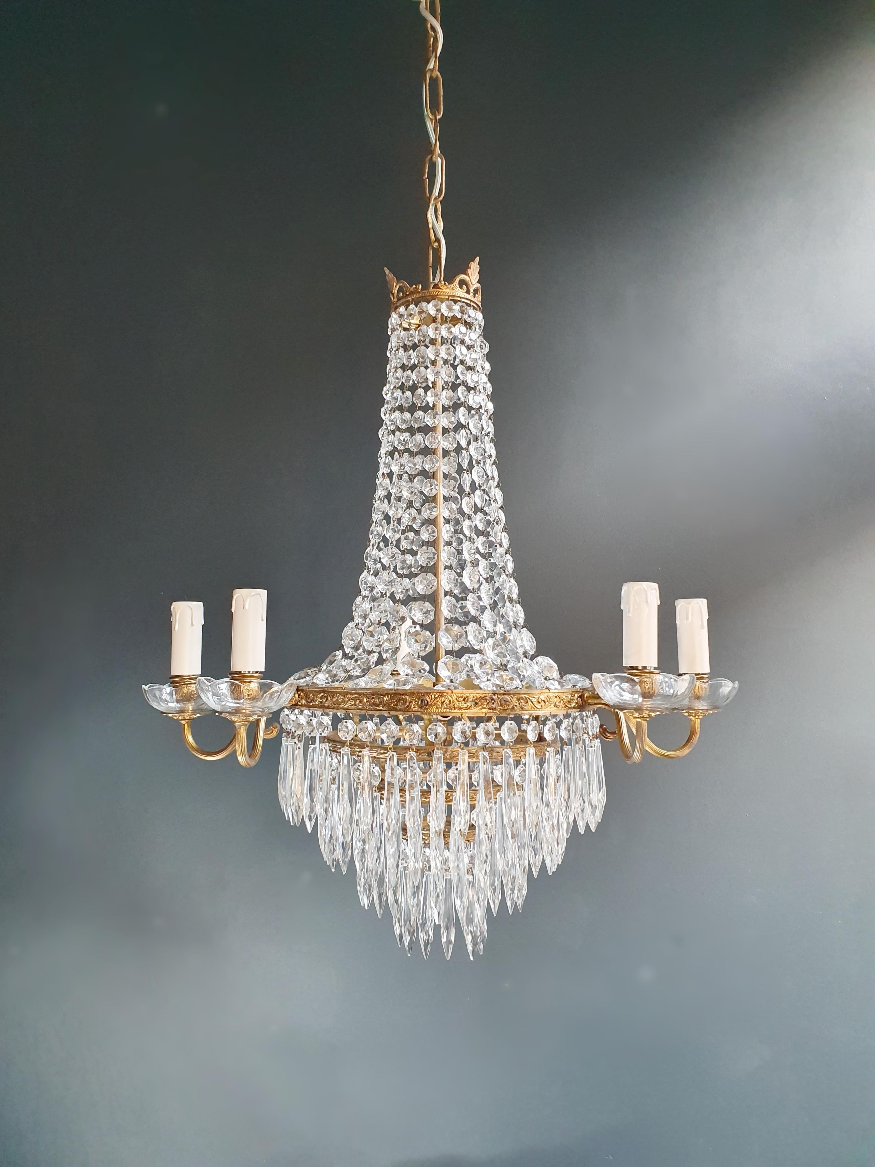 Fine Brass Empire Sac a Pearl Chandelier Crystal Lustre Ceiling Lamp Antique 2