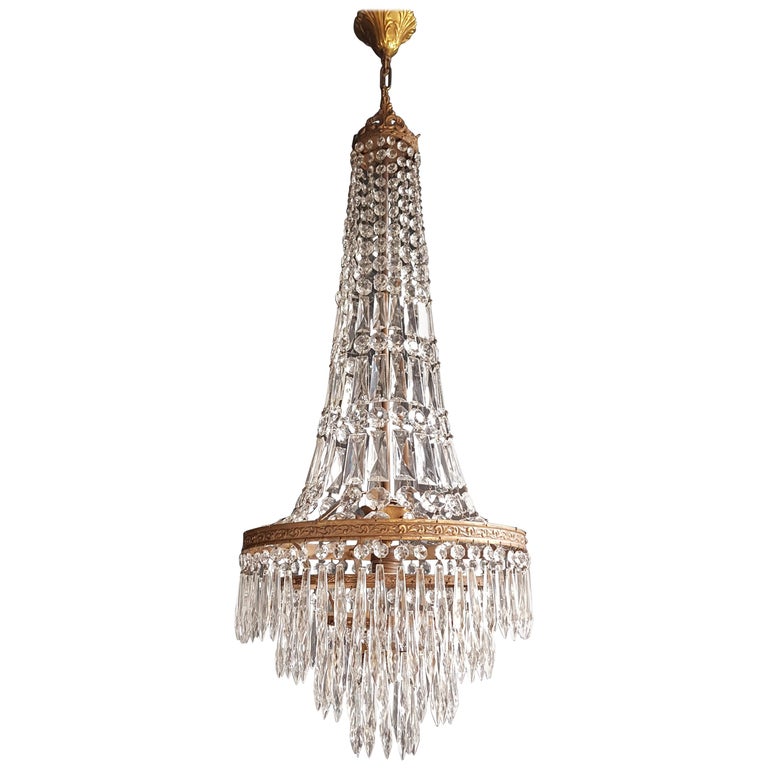 Fine Brass Empire Sac a Pearl Chandelier Crystal Lustre Ceiling Lamp Antique For Sale