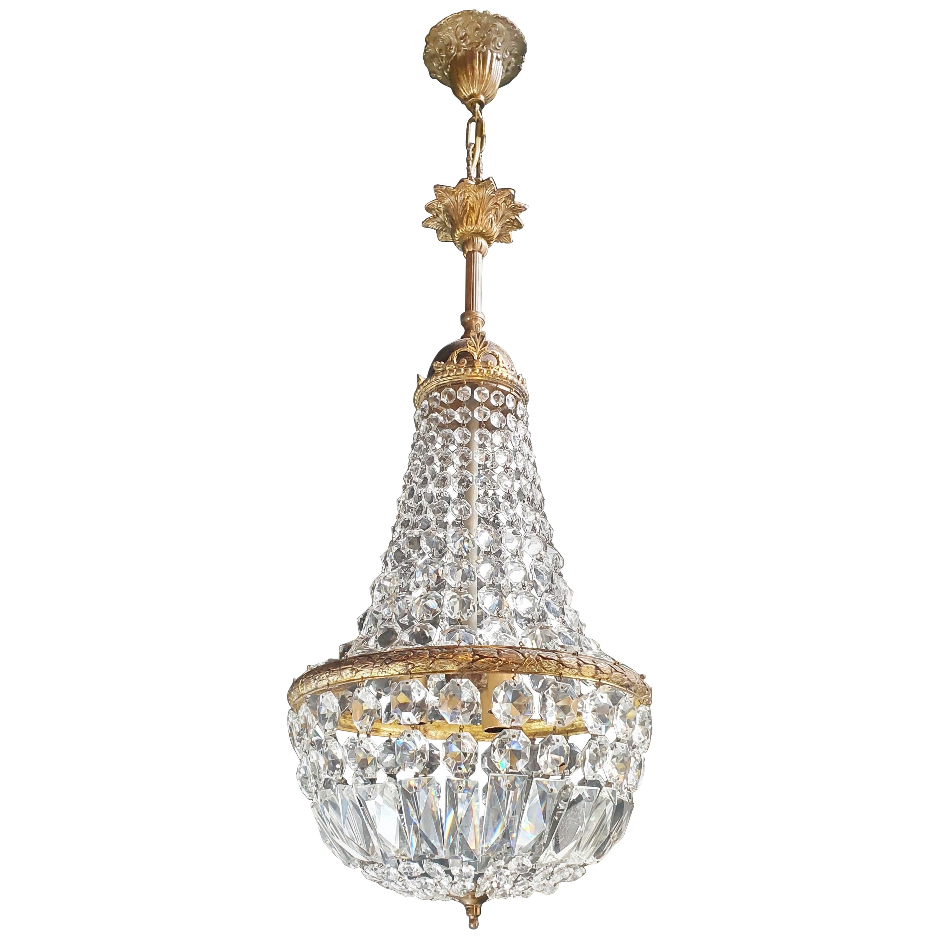 Fine Brass Empire Sac a Pearl Chandelier Crystal Lustre Ceiling Basket Antique