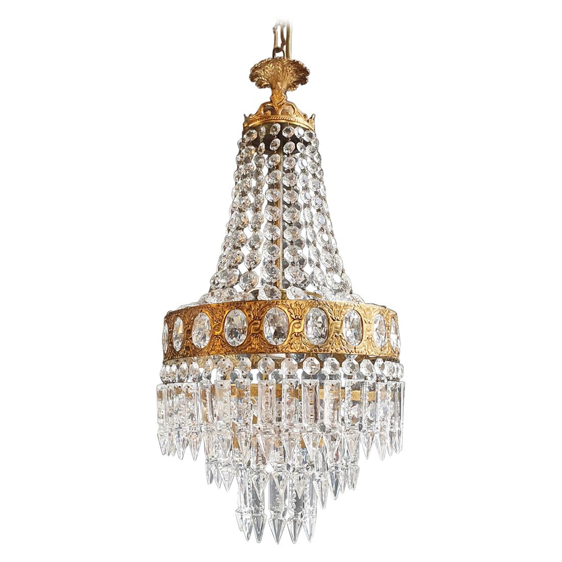 Fine Brass Empire Sac a Pearl Chandelier Crystal Antique Small
