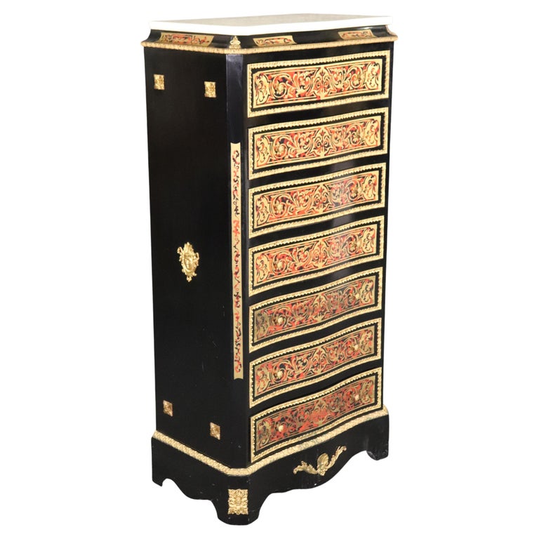 Fine Brass Inlaid Boulle Style Marble Top French Lingerie Chest Dresser For Sale