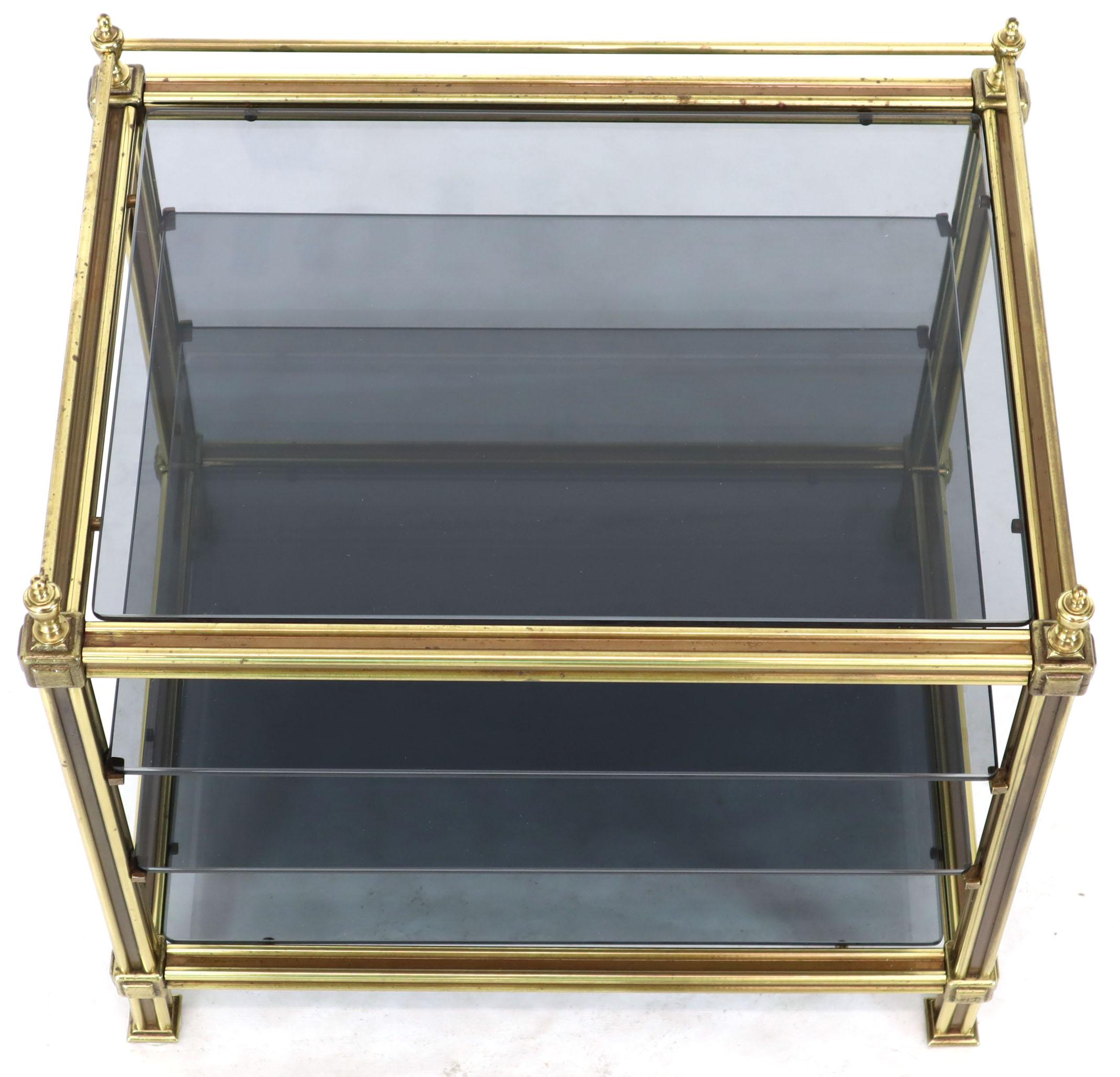 20th Century Fine Brass Smoked Glass Magazine Rack Stand Paper Tray with Gallery