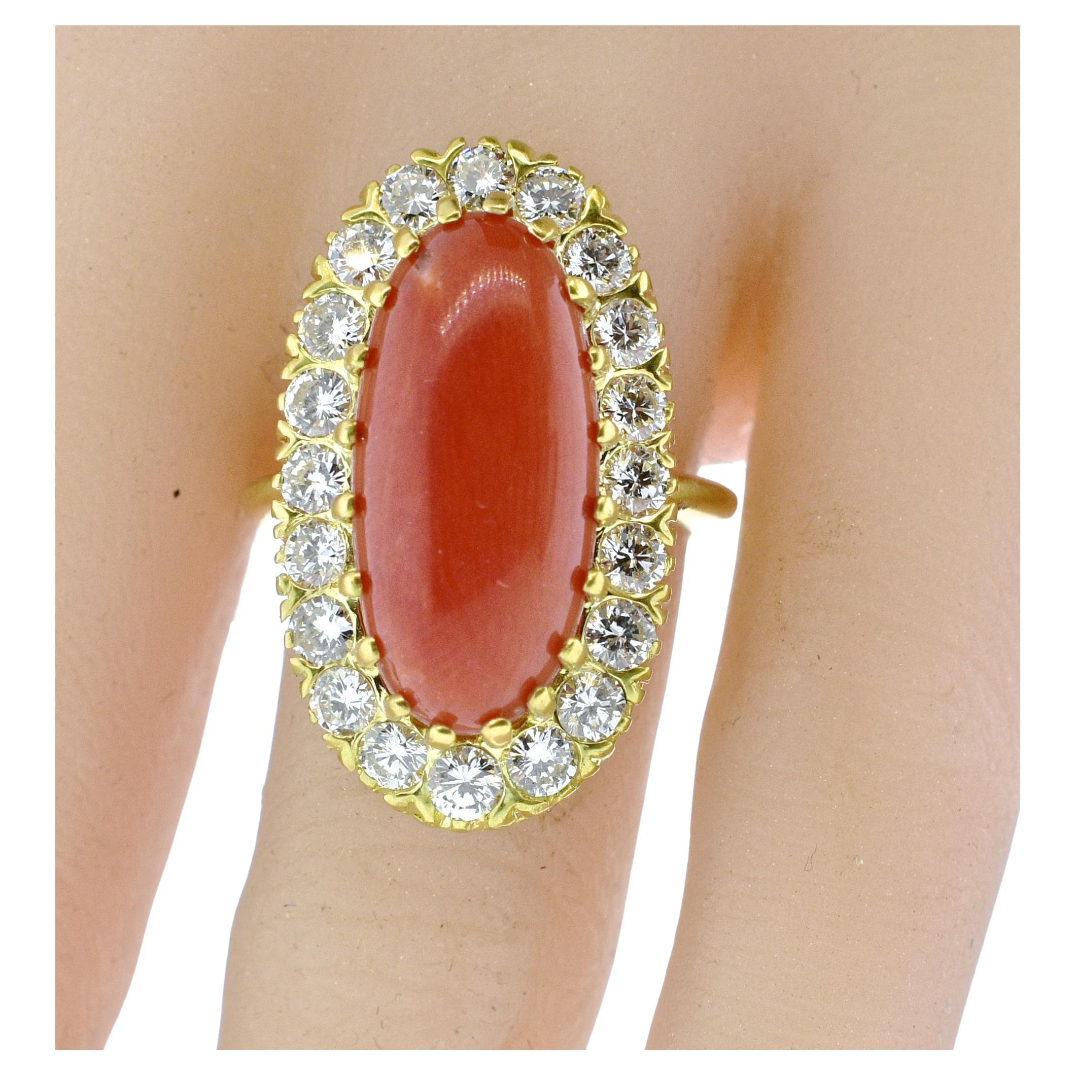 Fine Bright Oxblood Red Coral and Diamond Vintage Ring, circa 1960