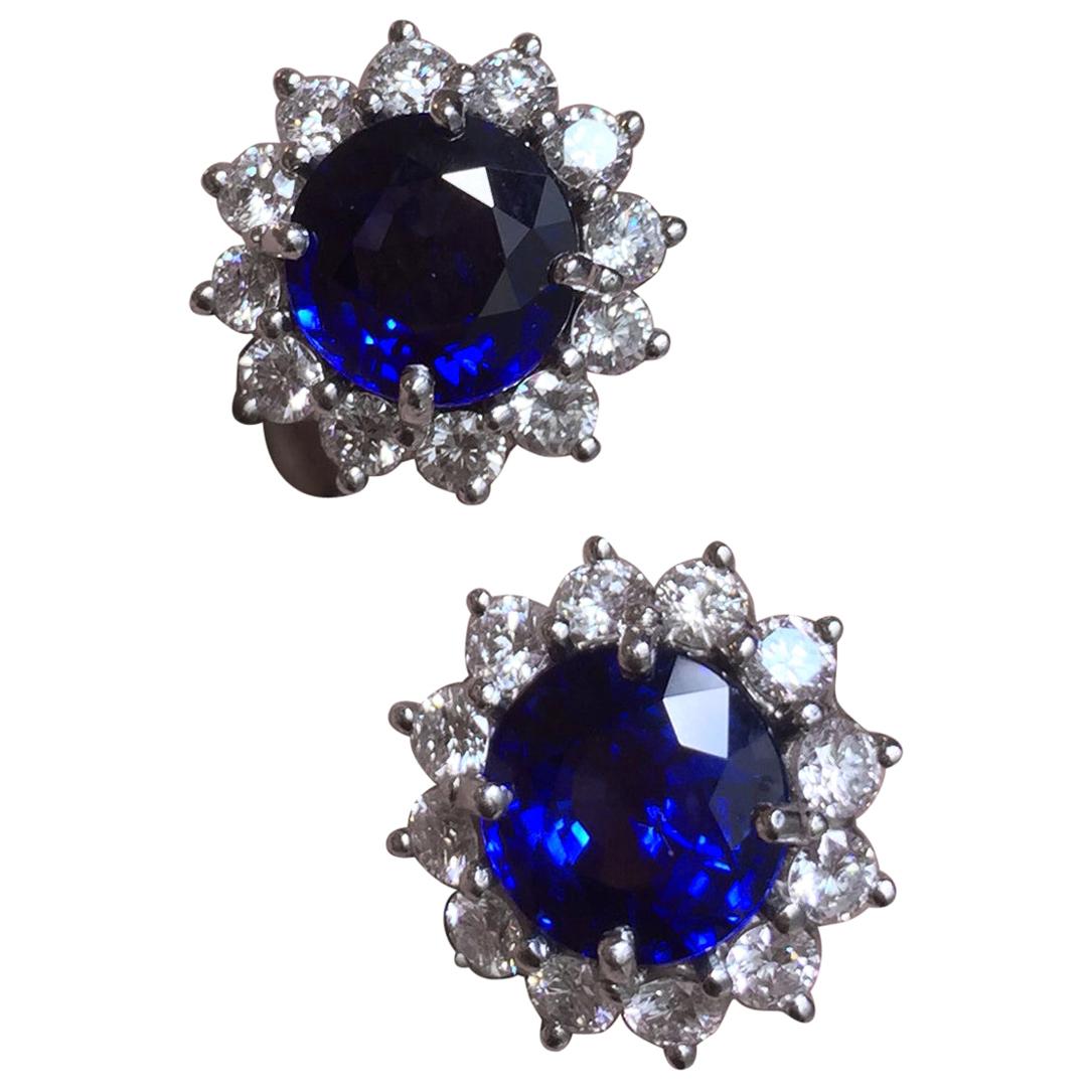 Fine Brilliant Cut Blue Sapphire and Diamond Earrings in Platinum
