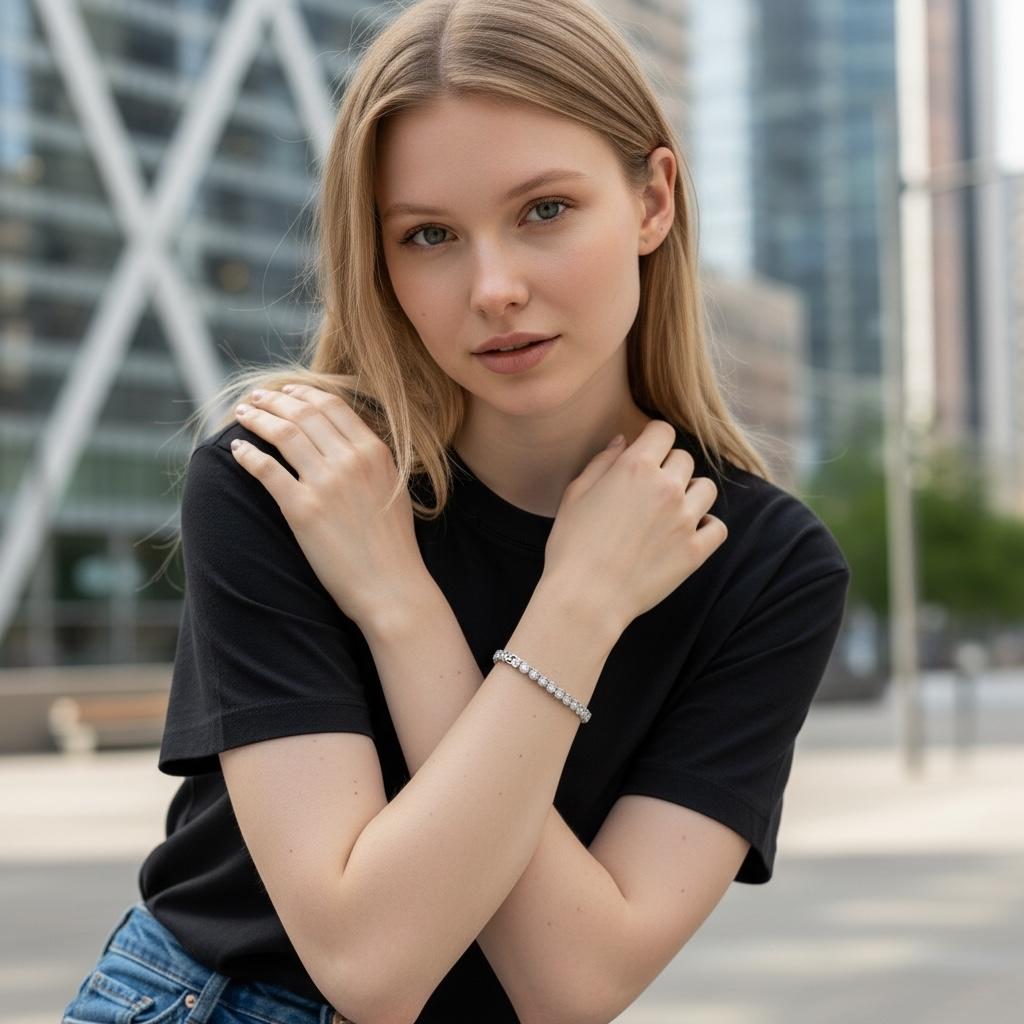 Feine weiße Diamanten im Brillantschliff mit halber Lünette und Zacken in ein Weißgoldarmband gefasst. Diese 51 gut aufeinander abgestimmten und fein geschliffenen Steine haben ein geschätztes Gesamtgewicht von 3,5 ct. Diese Diamanten sind viel