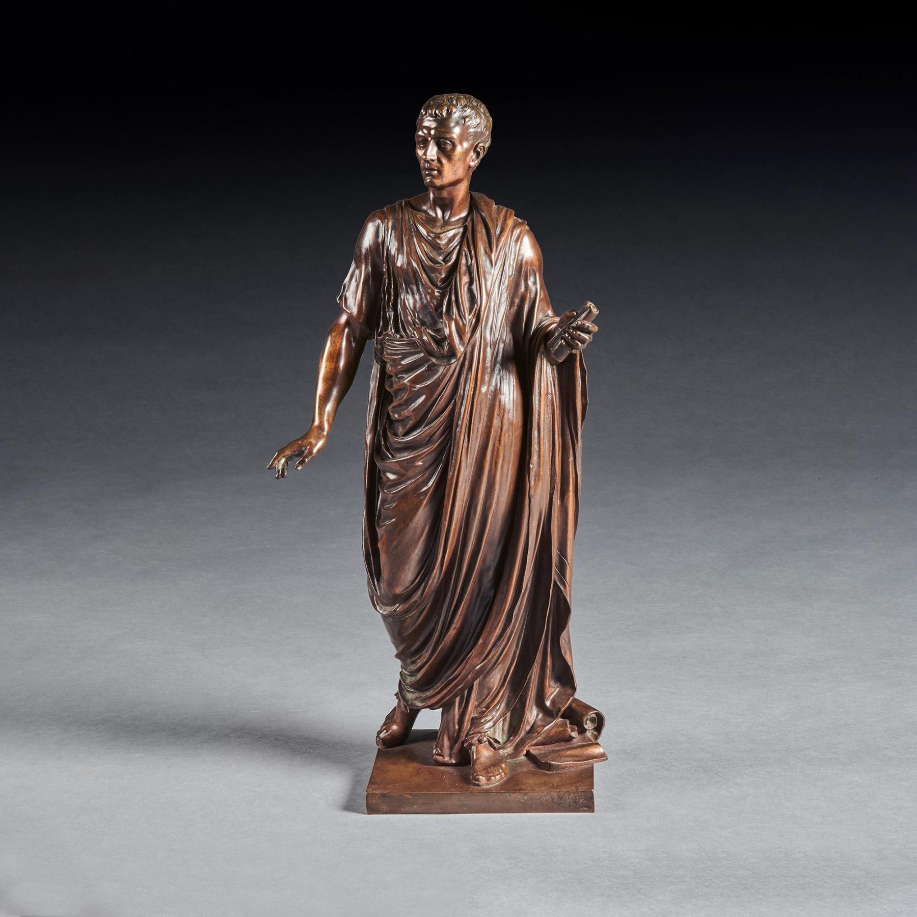 Elegante figura in bronzo patinato di un oratore romano, probabilmente Giulio Cesare, di Mathurin Moreau 1822-1912, firmata Mathurin Moreau Exposition des Beaux 1877

Francese, circa 1877

Estremamente ben fuso, con un meraviglioso colore marrone