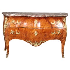 Fine Bronze Mounted French Louis XV Kingwood Floral Inlaid Commode with Marble