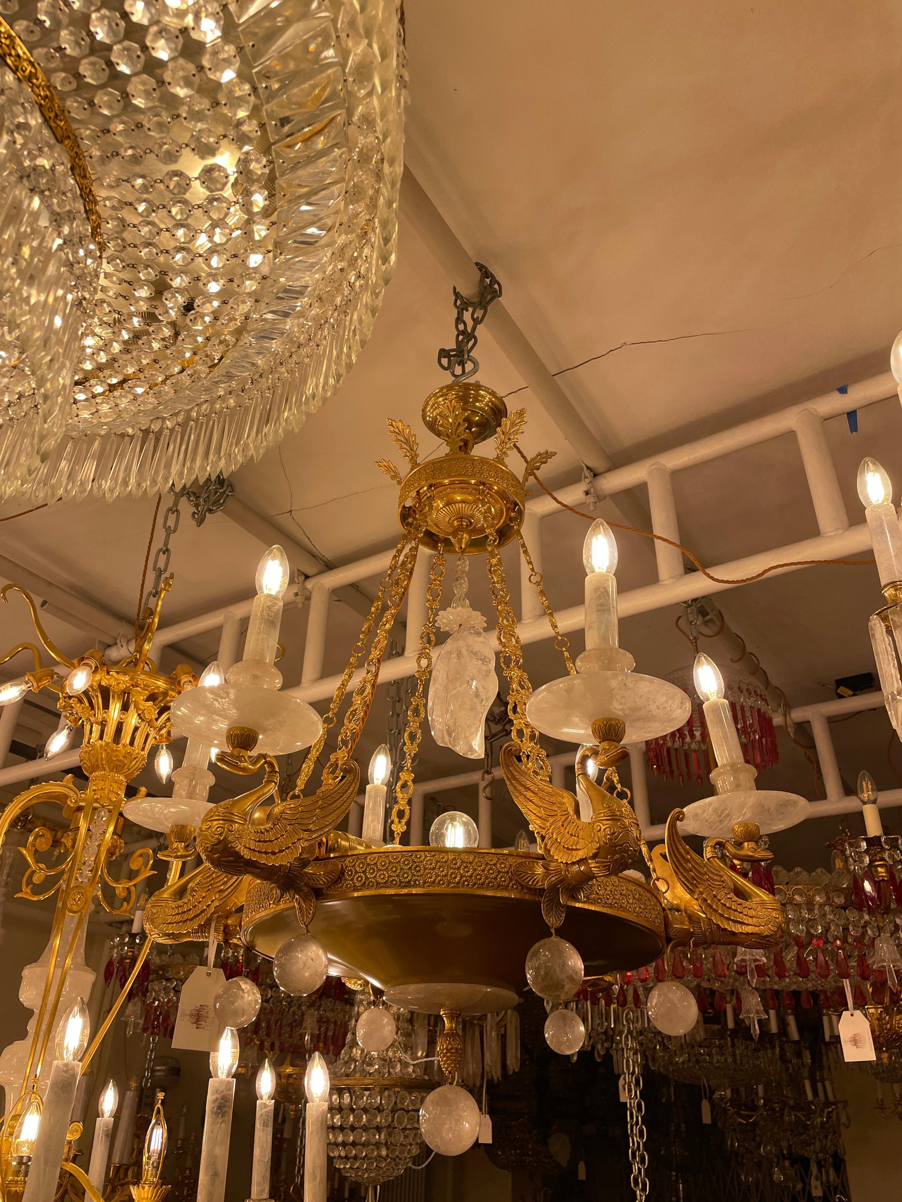Fine Bronze & Rock Crystal Swan Empire Style Chandelier with 10 Lights In Excellent Condition For Sale In London, GB