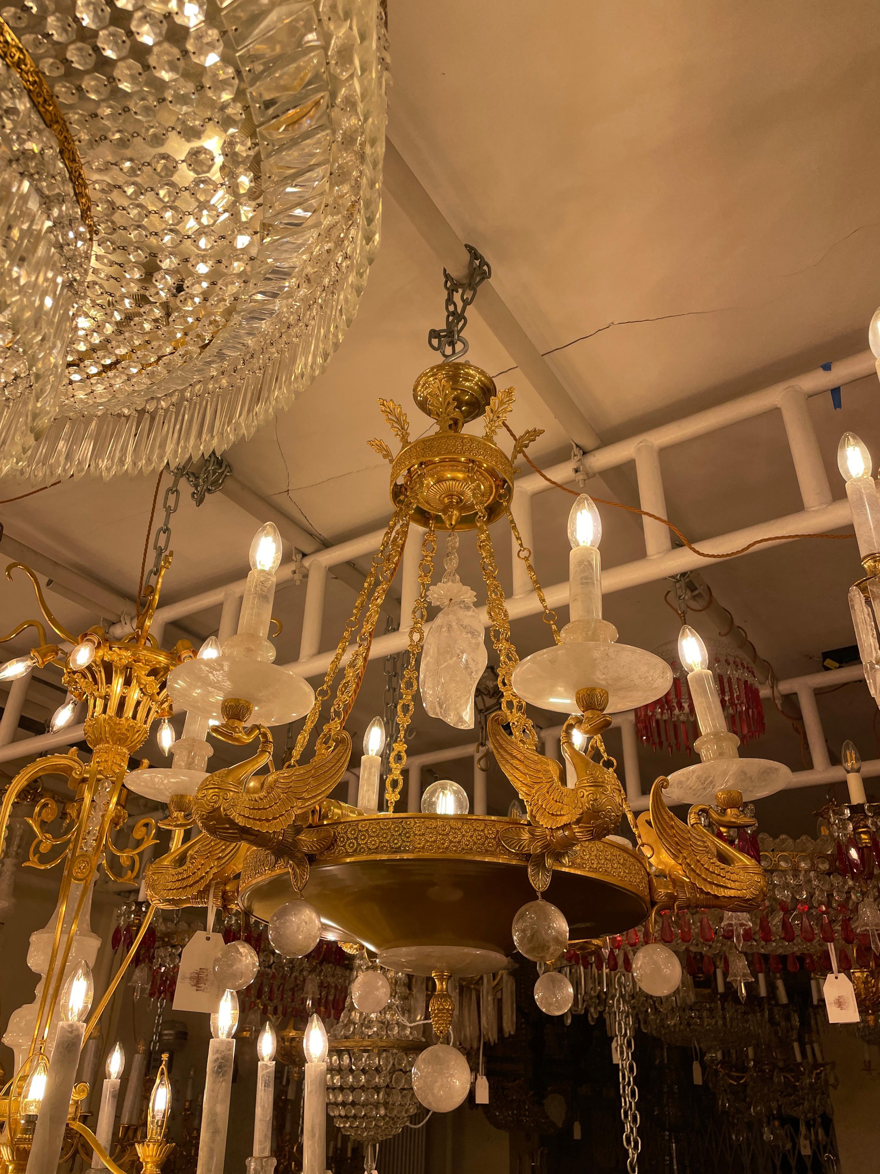 Early 20th Century Fine Bronze & Rock Crystal Swan Empire Style Chandelier with 10 Lights For Sale