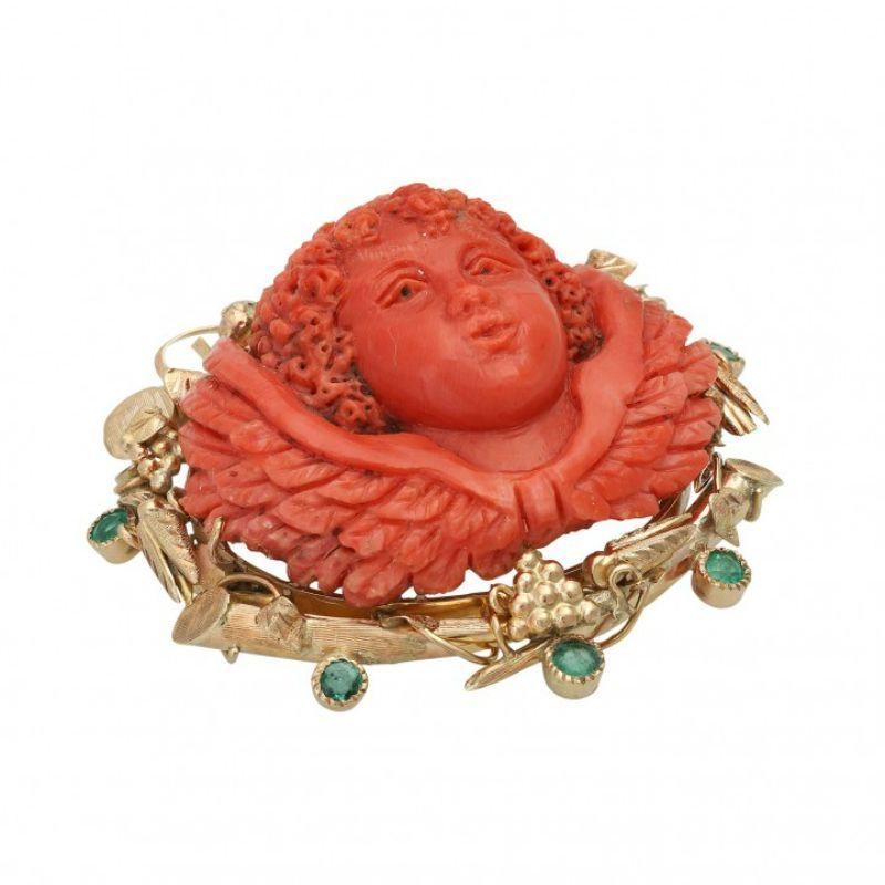 Cabochon Fine Brooch, Especially with 1 Coral, Elaborately Engraved as a Putto For Sale