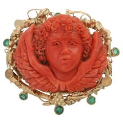 Vintage Fine Brooch, Especially with 1 Coral, Elaborately Engraved as a Putto