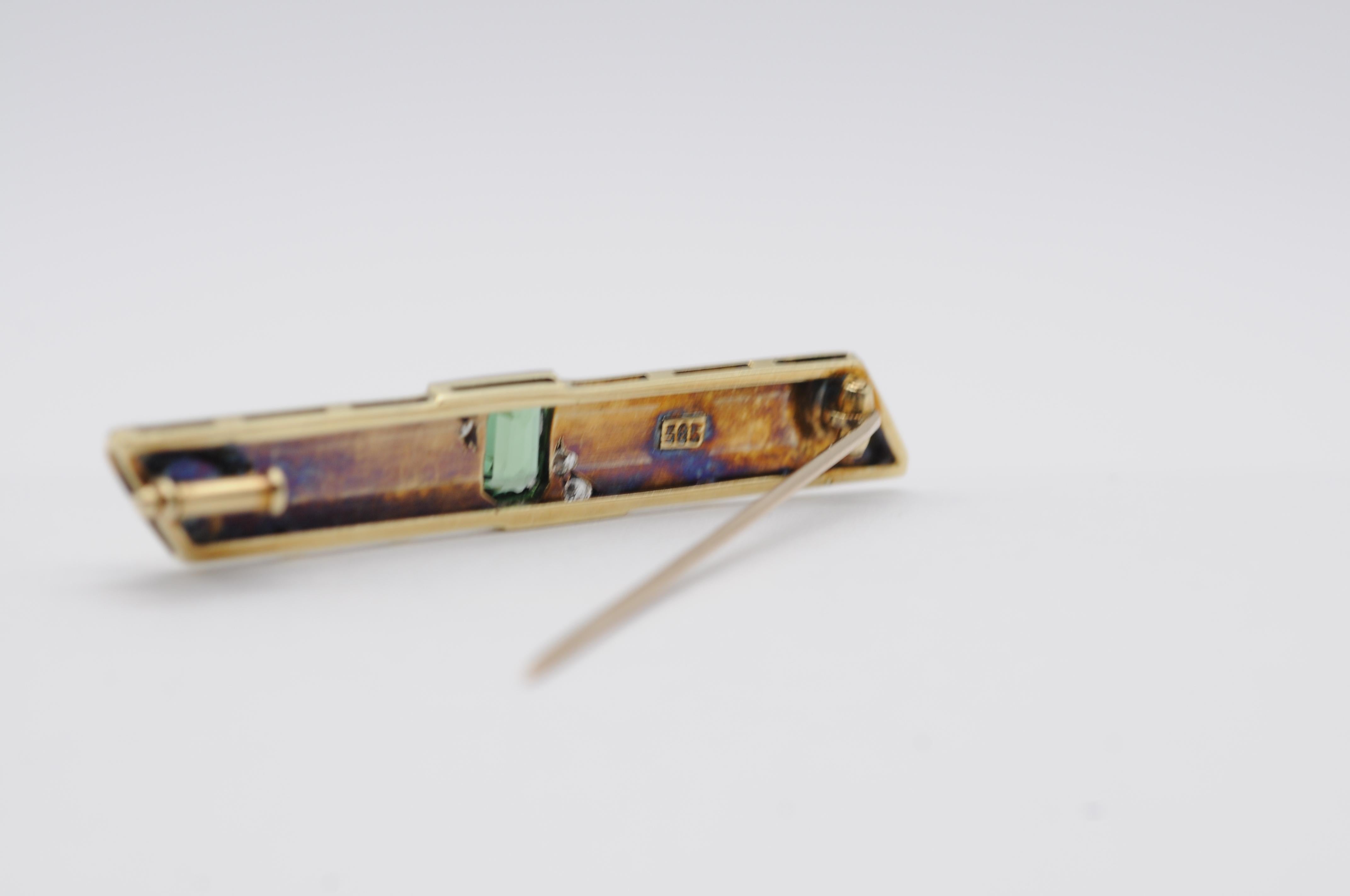 Fine brooch with tourmaline and diamonds in 14k yellow gold For Sale 3