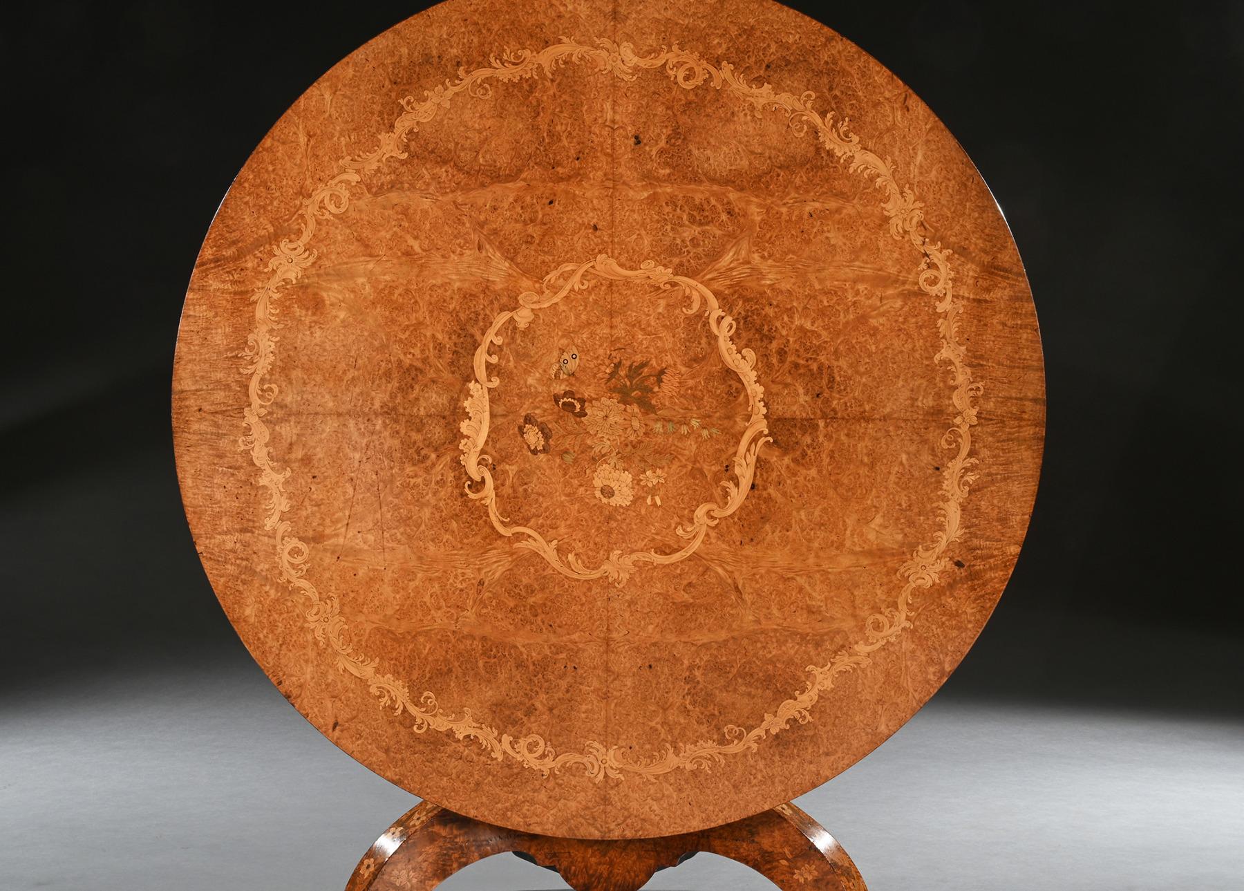 European Fine Burl Amboyna and Marquetry Centre Table Attributed to George Blake and Co a For Sale