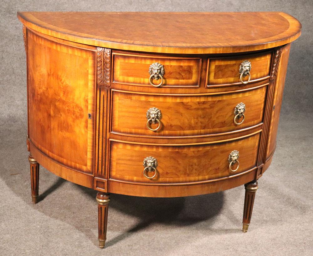 Fine Burled Walnut English Regency Style Demilune Commode Chest with Lion Pulls In Good Condition In Swedesboro, NJ