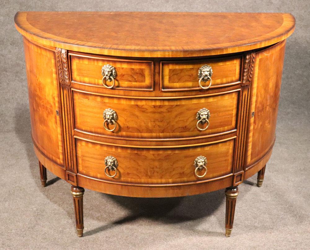 Mid-20th Century Fine Burled Walnut English Regency Style Demilune Commode Chest with Lion Pulls