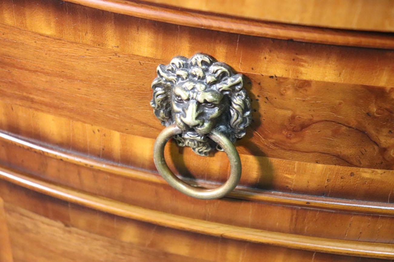 Fine Burled Walnut English Regency Style Demilune Commode Chest with Lion Pulls 2