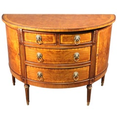 Fine Burled Walnut English Regency Style Demilune Commode Chest with Lion Pulls