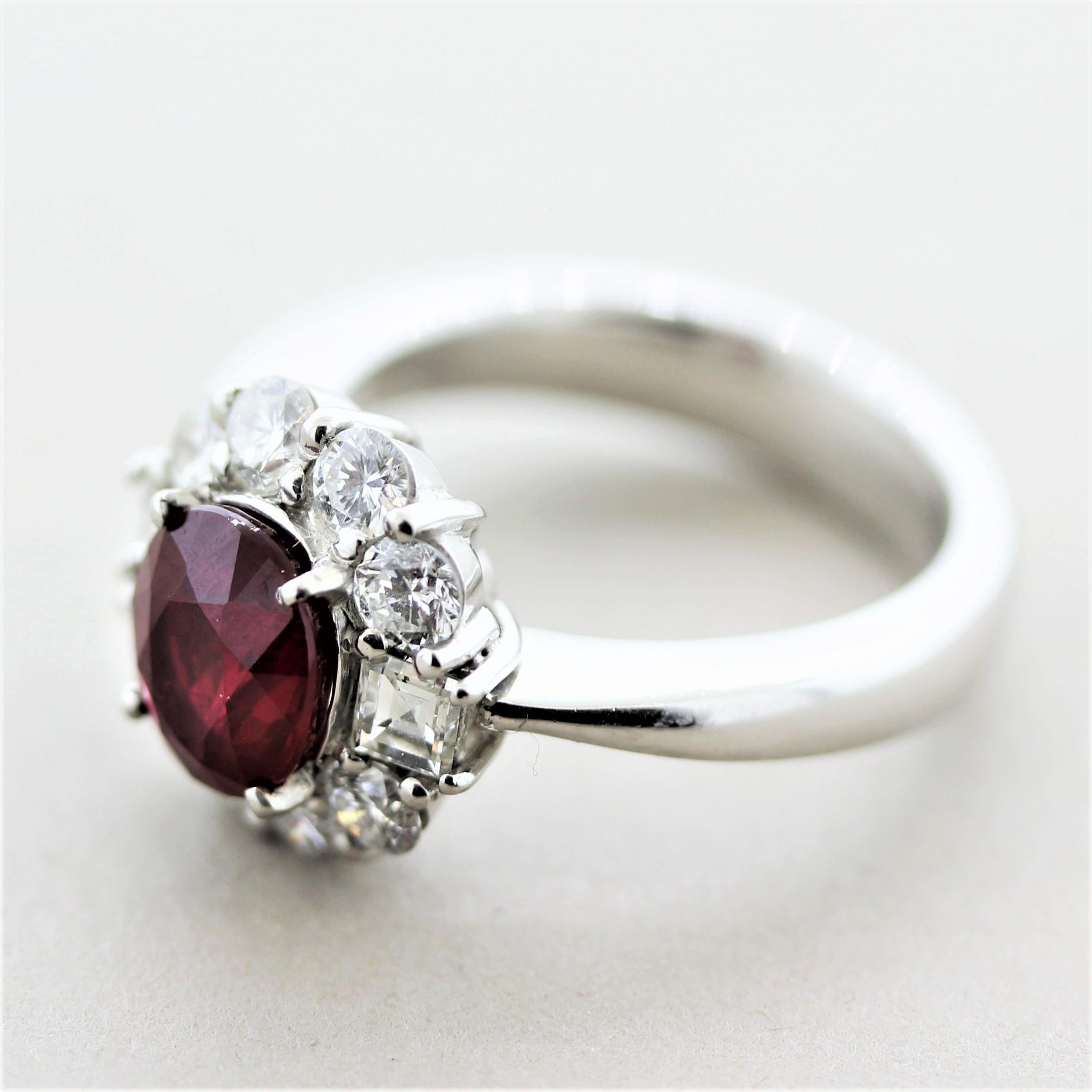 Mixed Cut Fine Burmese Ruby Diamond Platinum Ring, GIA Certified For Sale