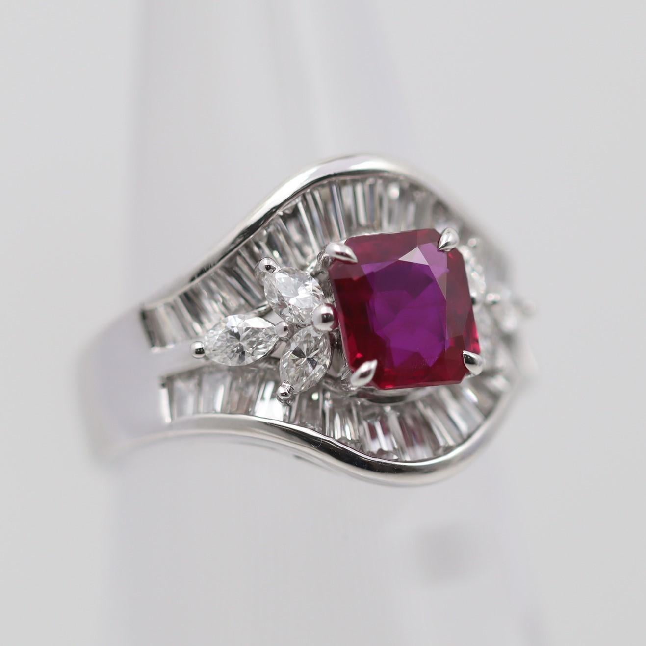 Mixed Cut Fine Burmese Ruby Diamond Platinum Ring, GRS Certified For Sale
