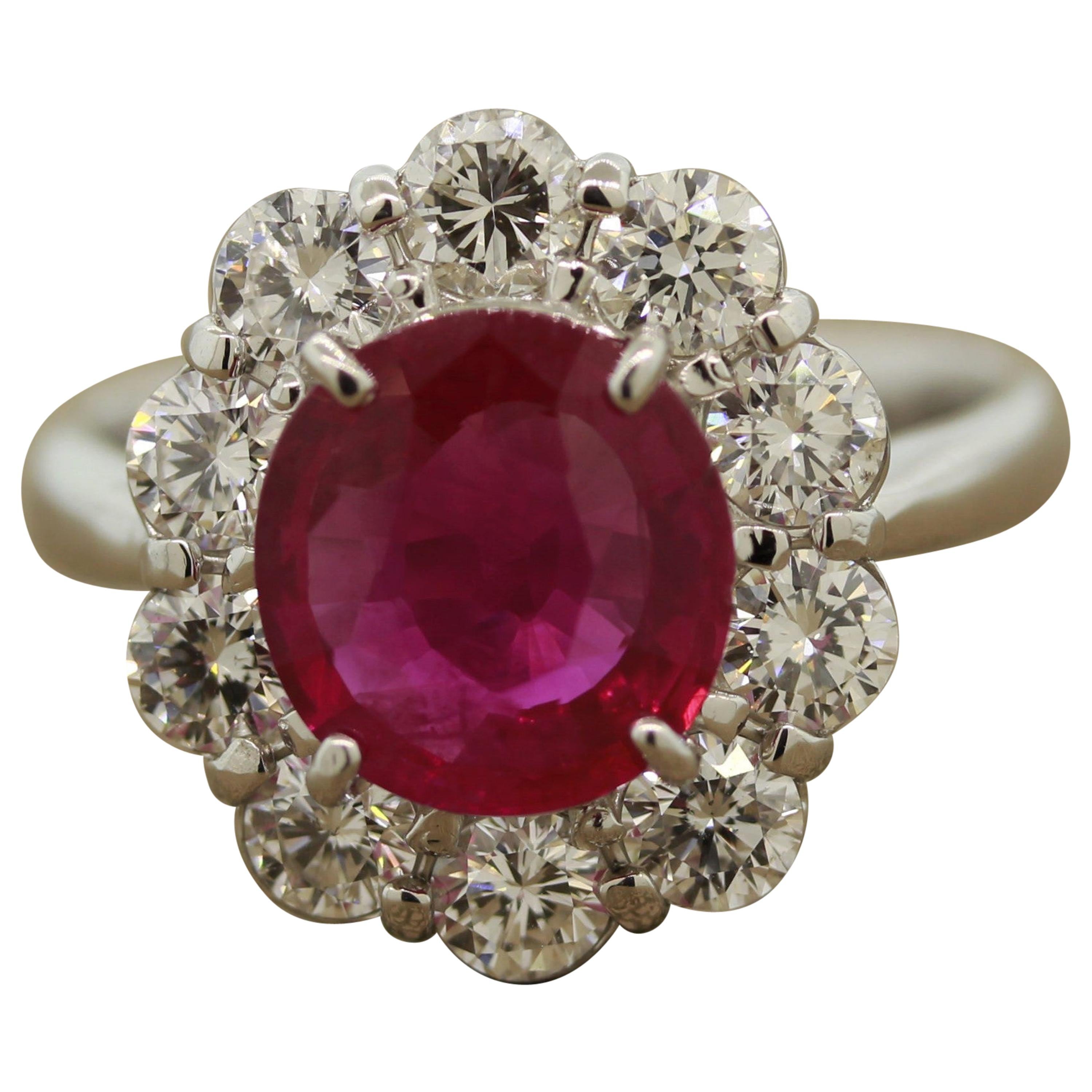 Fine Burmese Ruby Diamond Platinum Ring, GRS Certified For Sale