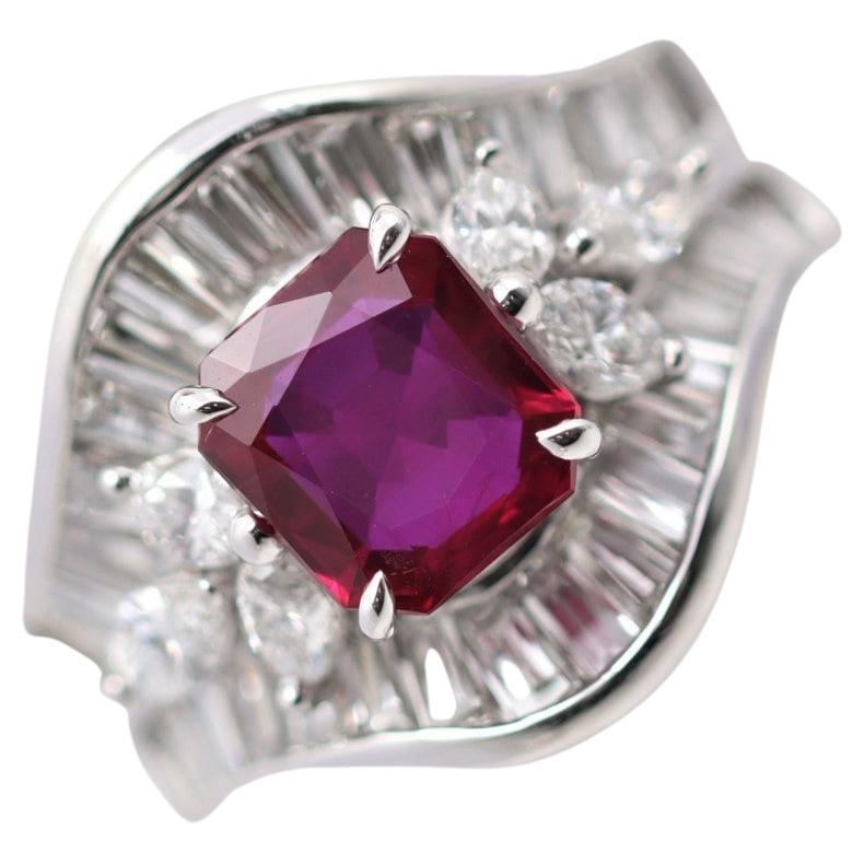 Fine Burmese Ruby Diamond Platinum Ring, GRS Certified For Sale