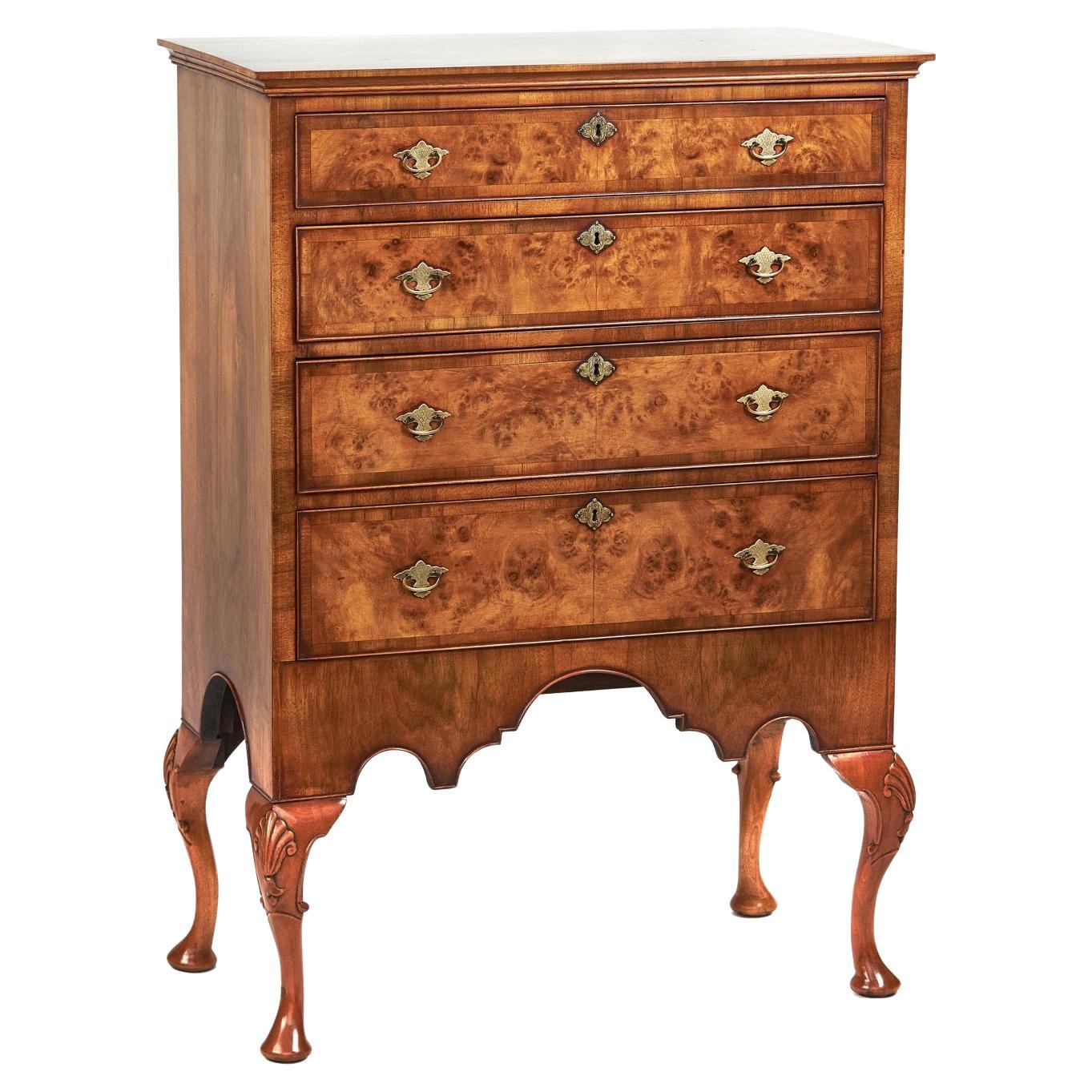 Fine Burr Walnut Georgian  Revival 4 drawer chest circa 1920s