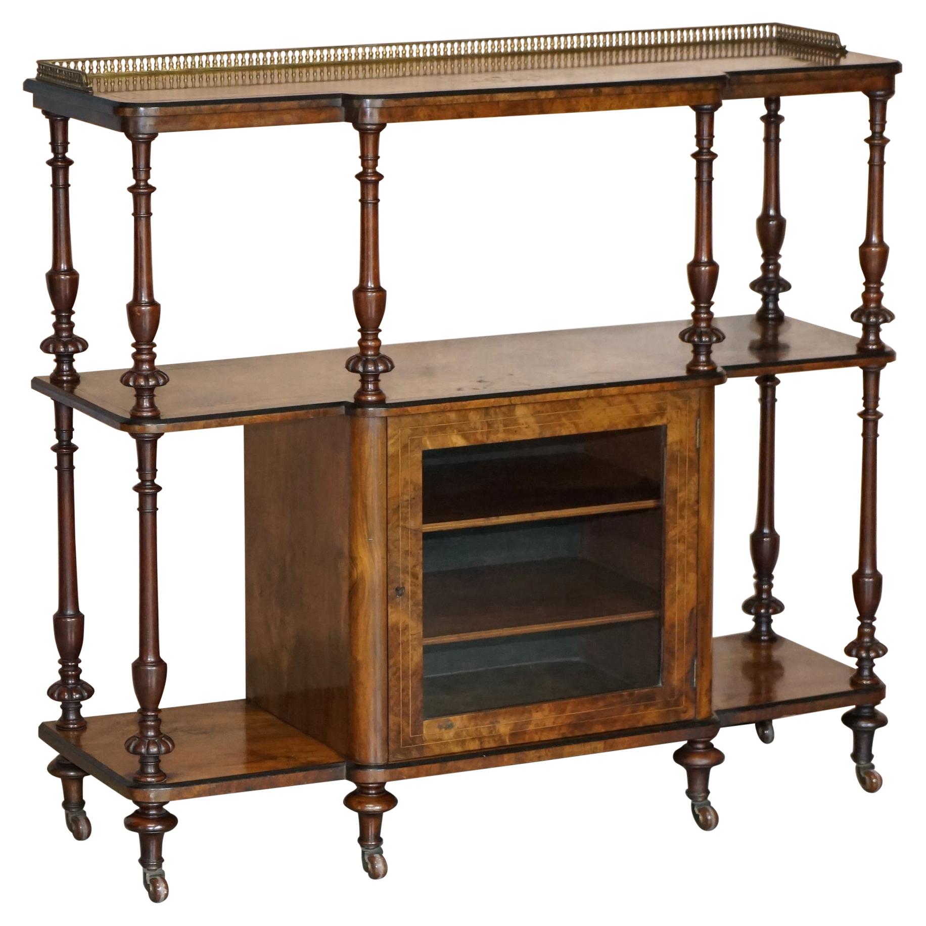 Fine Burr Walnut with Brass Gallery Rail Open Library Bookcase Etagere Whatnot