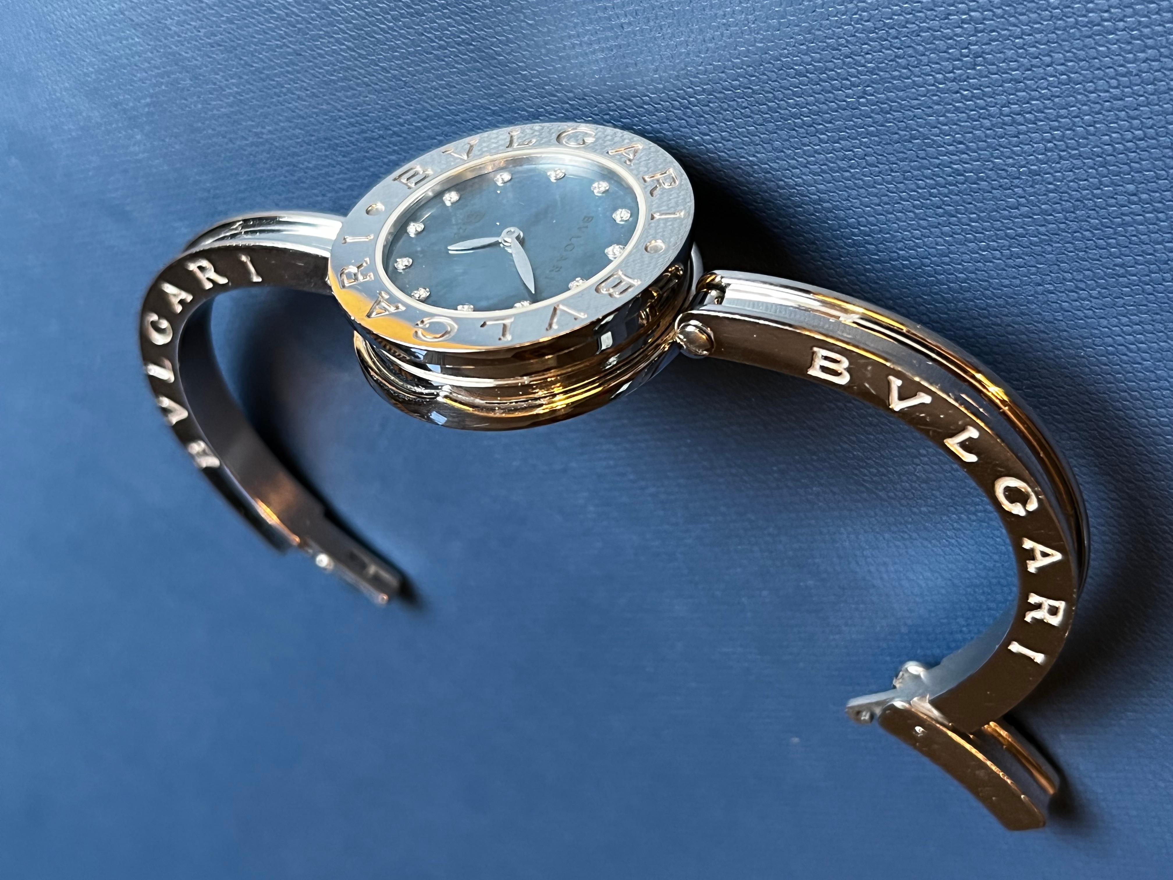 Modern Fine Bvlgari B.zero1 Stainless Steel, Blue Shell & Diamond Set Bangle Watch For Sale