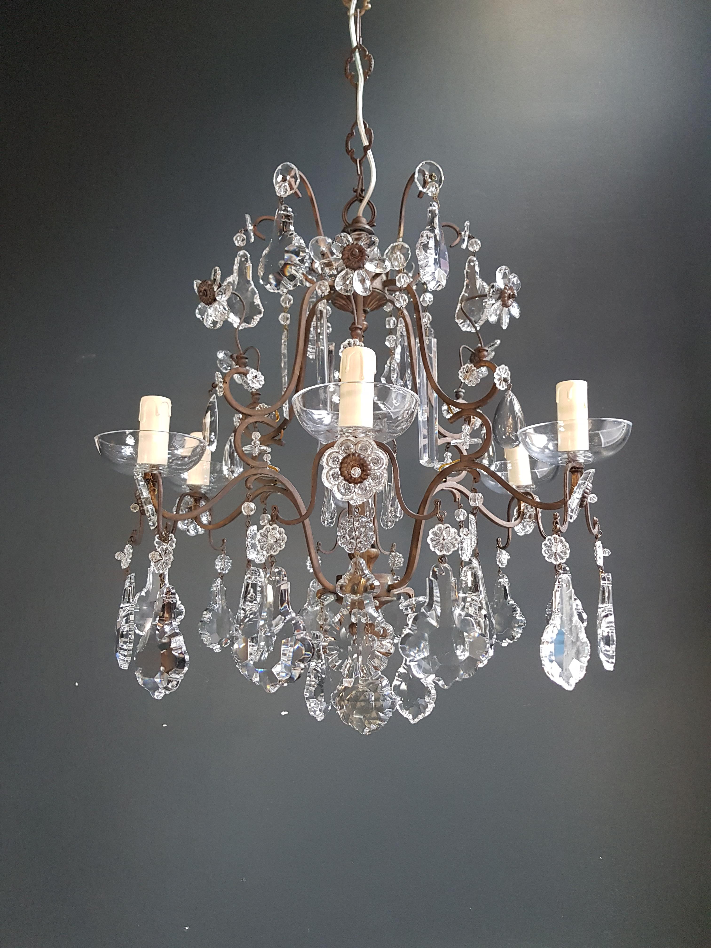 Mid-20th Century Fine Cage Crystal Chandelier Antique Ceiling Lamp Lustre Art Deco Pendant Light For Sale