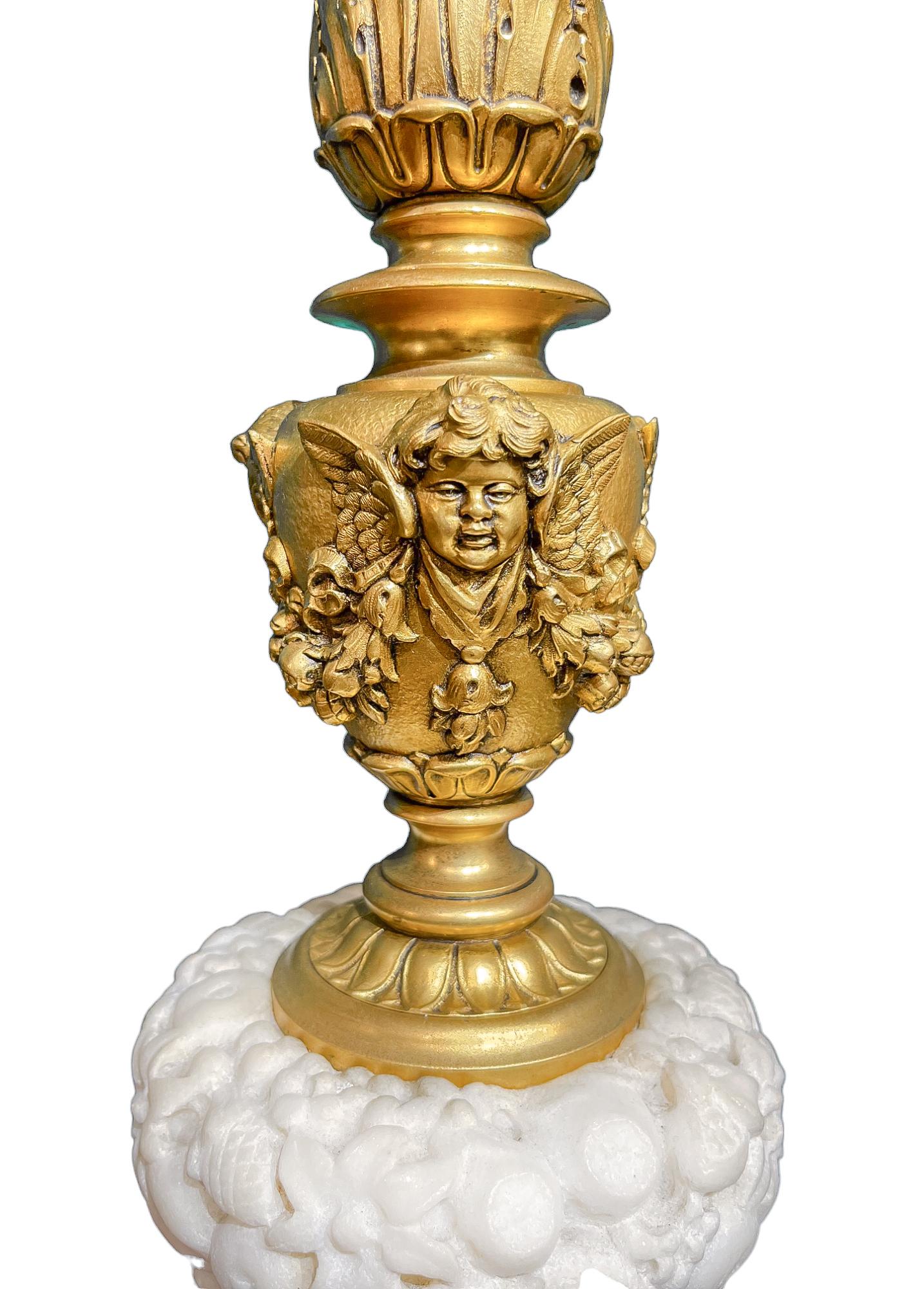 Rococo Fine Caldwell Carved and Cast Marble & Bronze Lamp For Sale