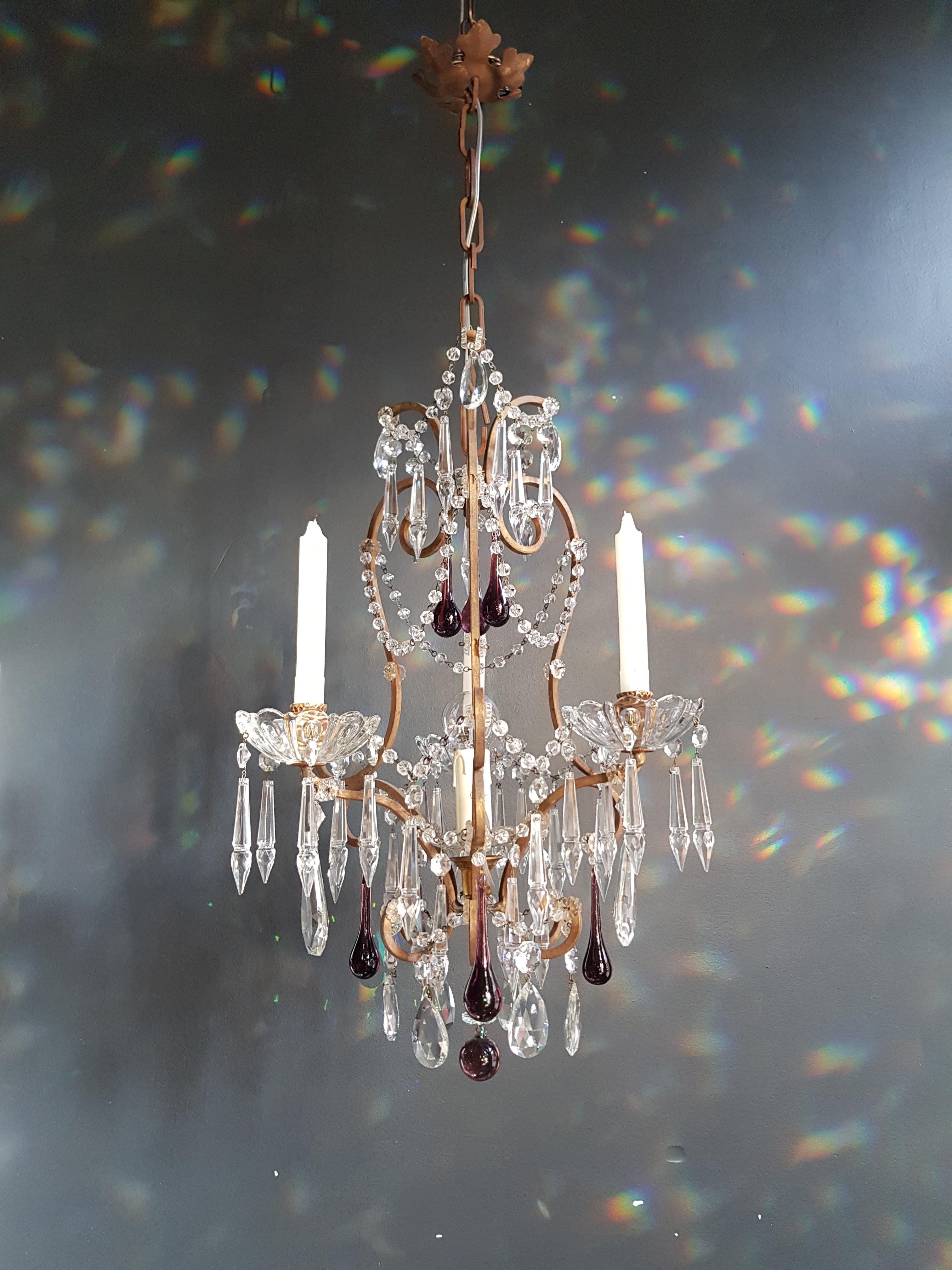 European Fine Candle Purple Crystal Chandelier Antique Ceiling Lustre Pendant Lighting For Sale