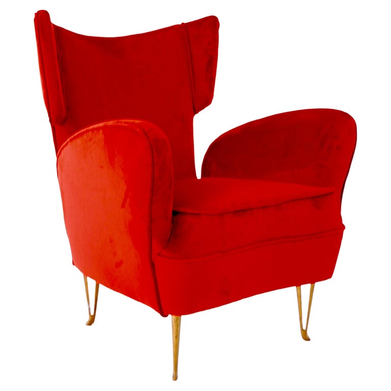 Fine Carlo Enrico Rava Red Velvet and Brass Armchair by Isa, 1950 For Sale  at 1stDibs