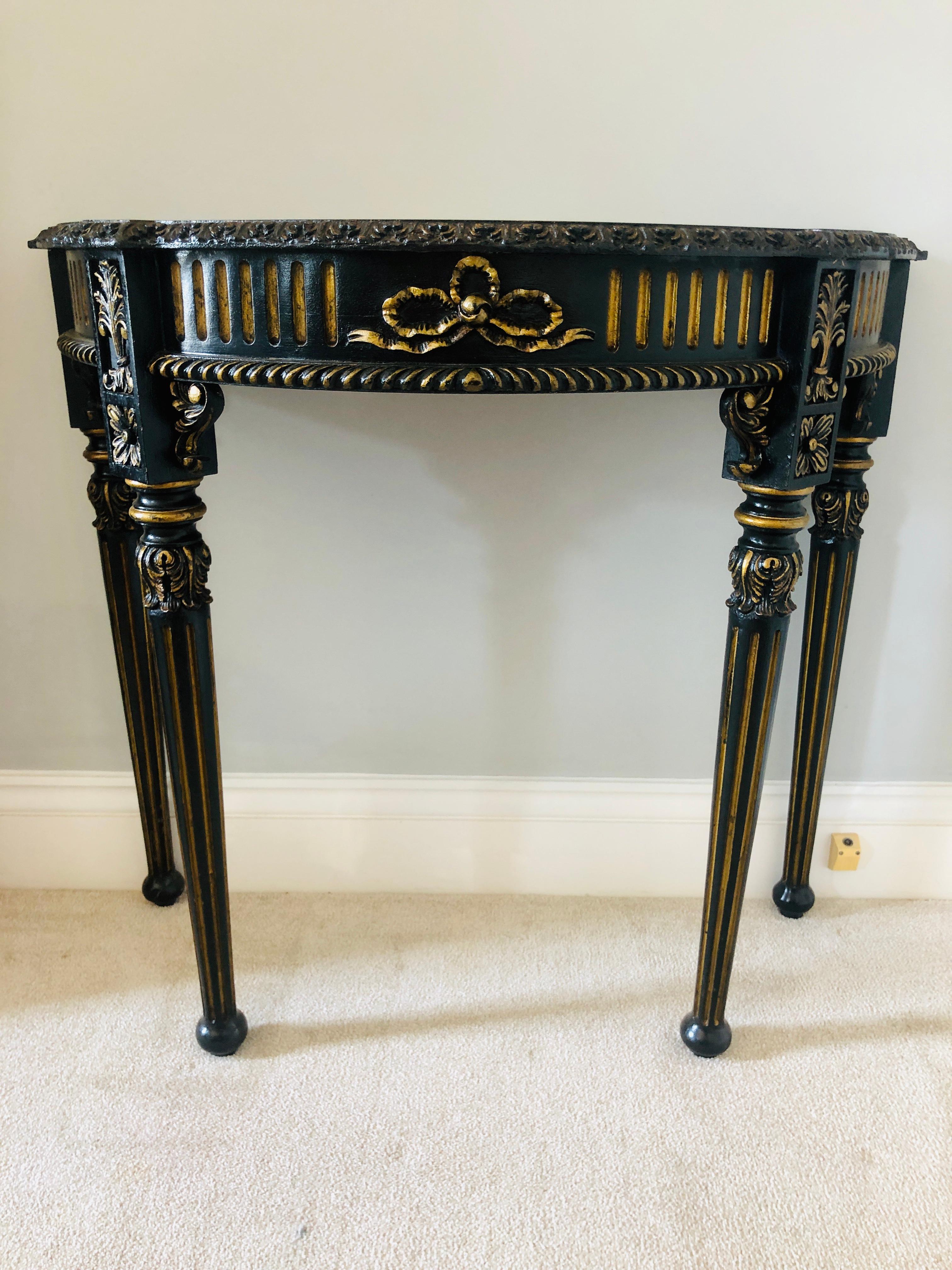 Fine Carved Antique French Demilune Shaped Ebonized Console Table 2