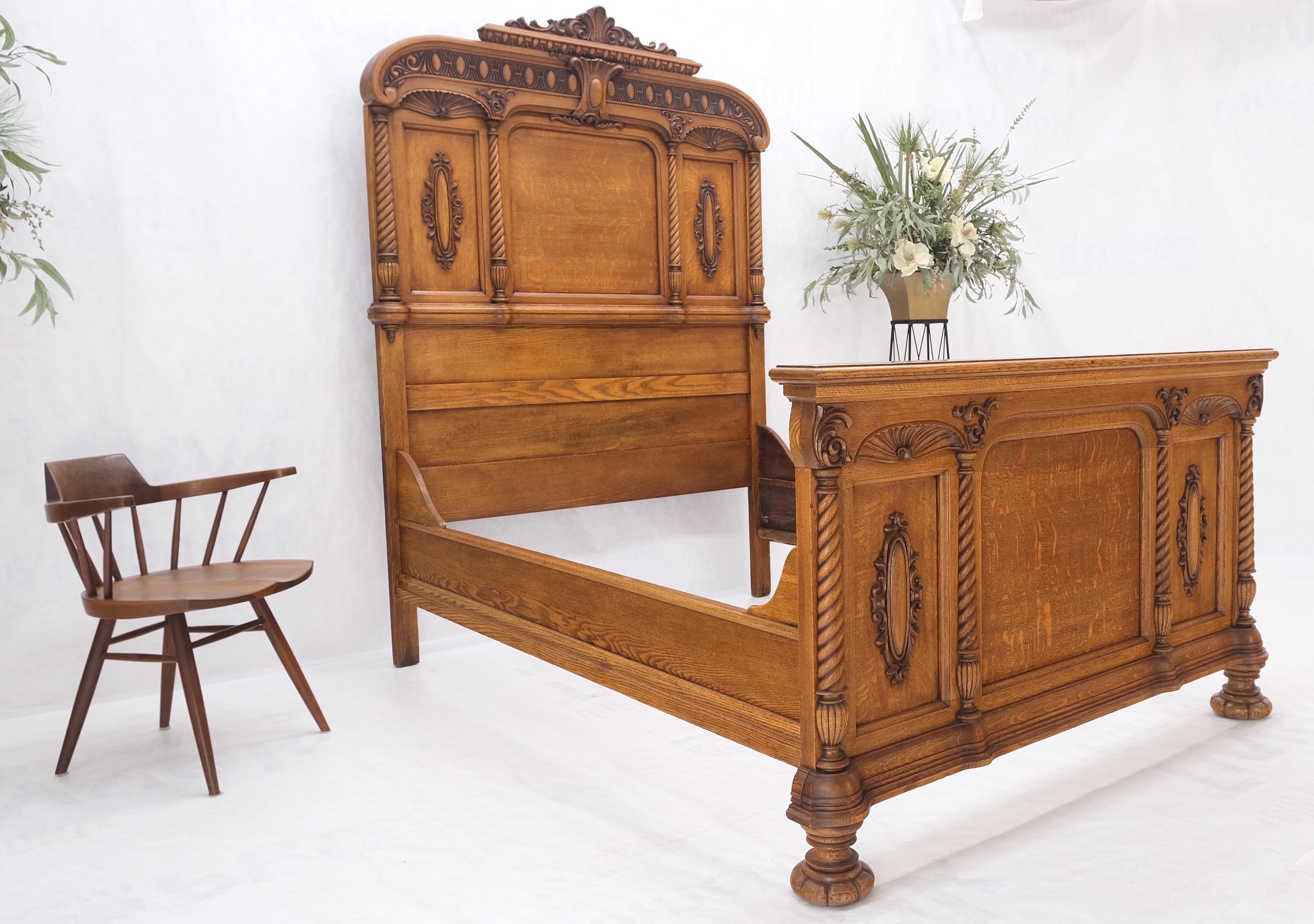 20th Century Fine Carved Antique Oak Queen Size Tall Headboard Footboard Bed MINT! For Sale
