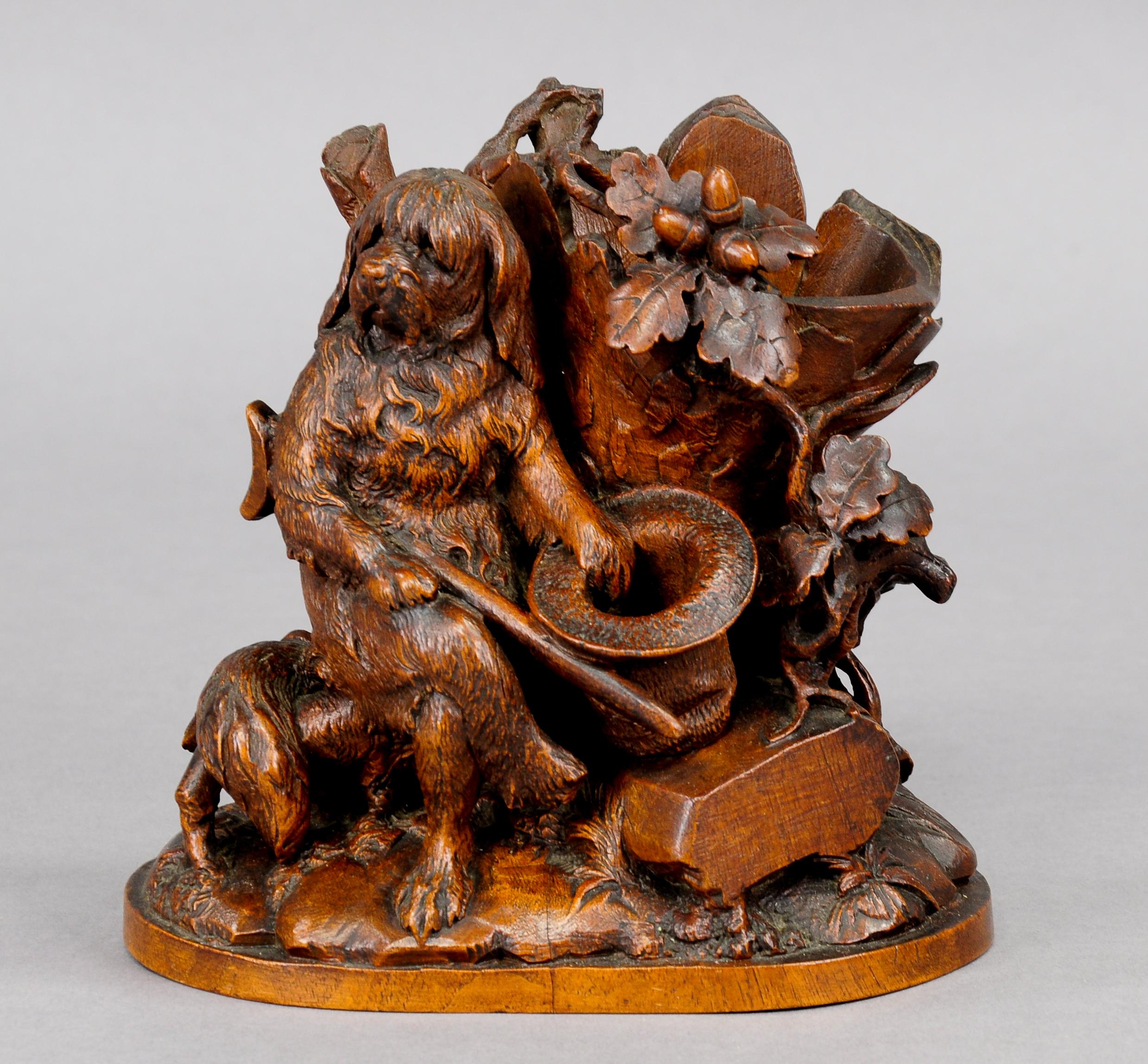 Swiss Fine Carved Black Forest Statue of a Disabled Dog, Brienz circa 1900 For Sale