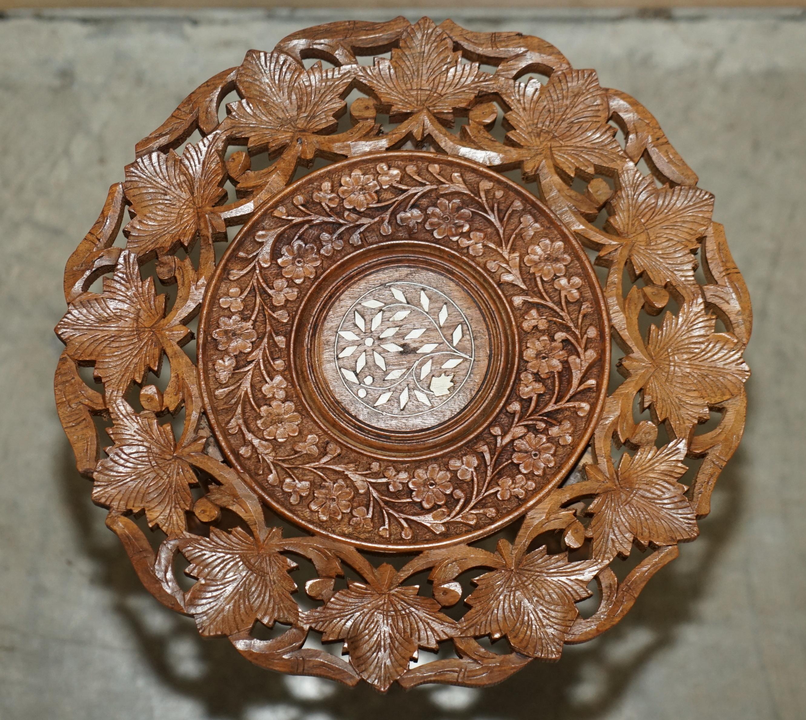 Fine Carved Burmese Antique Octagonal Side End Lamp Wine Folding Table Liberty For Sale 3