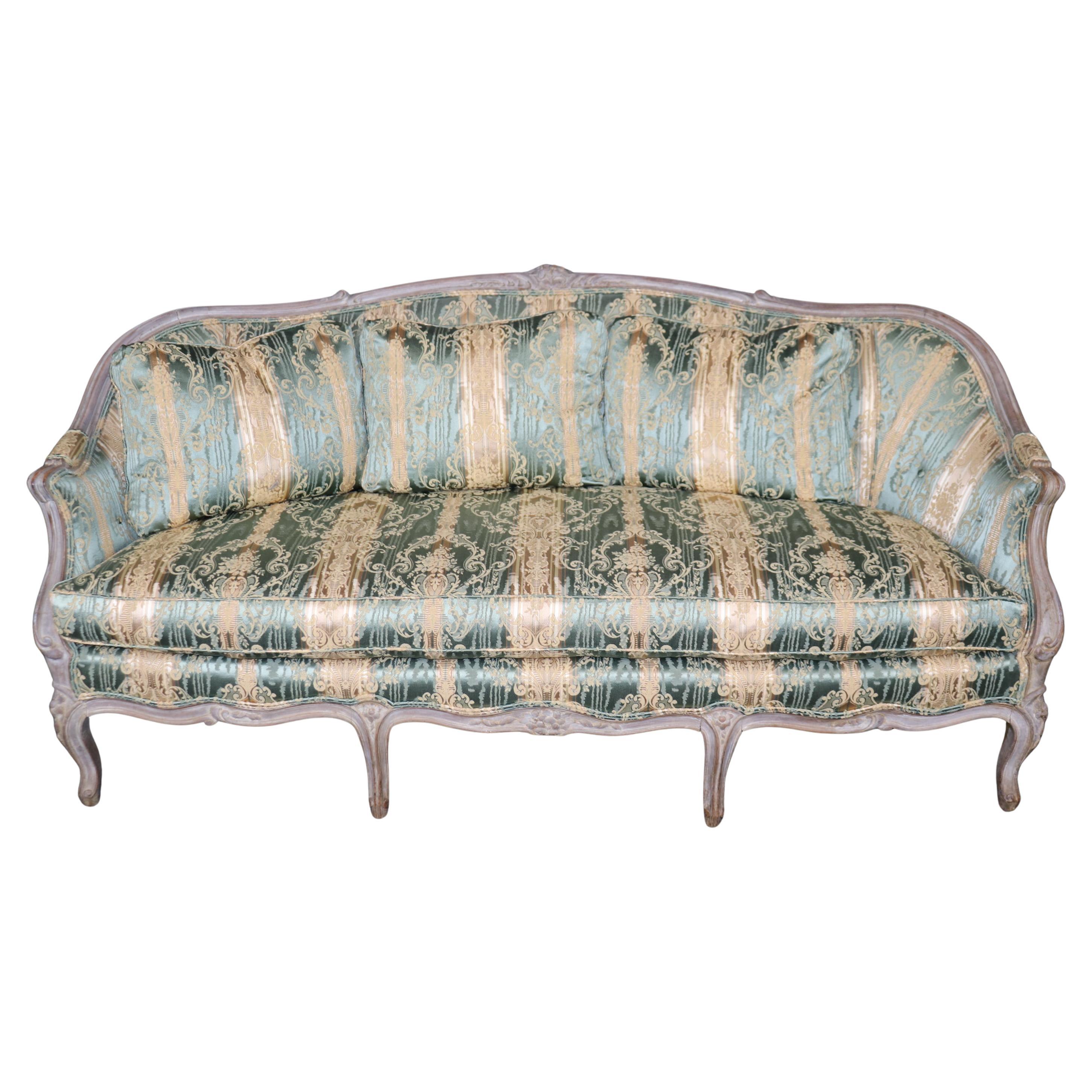 Fine Carved Disressed Painted Louis XV Settee Canape Possible Green Silk Damask
