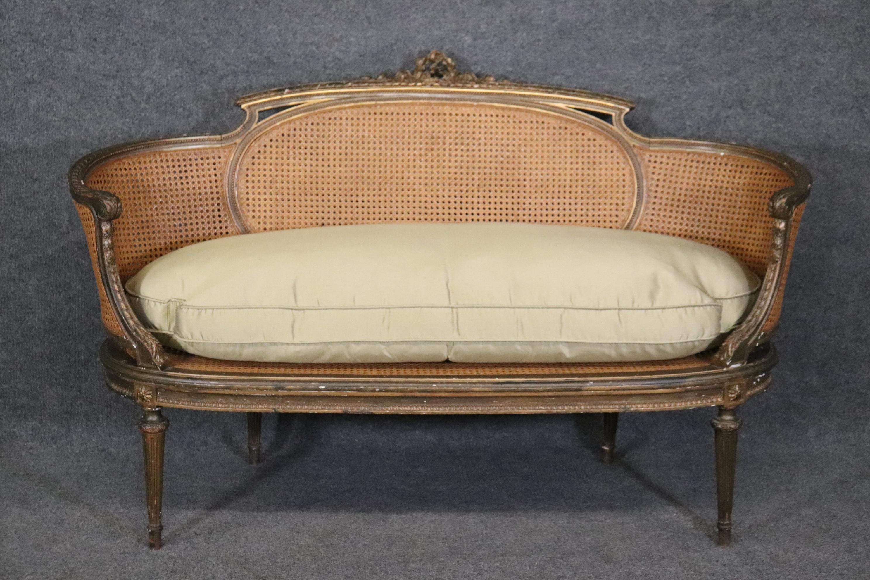 Early 20th Century Fine Carved French Bronze Gilded Louis XVI Cane Settee Sofa 
