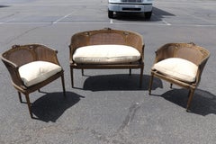 Fine Carved French Louis XV Bronze Paint Decorated Cane Salon Set circa 1920