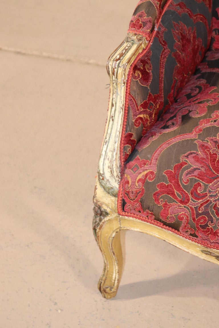 Fine Carved French Louis XV Paint Decorated Louis XV Bergere Chair Circa  1920