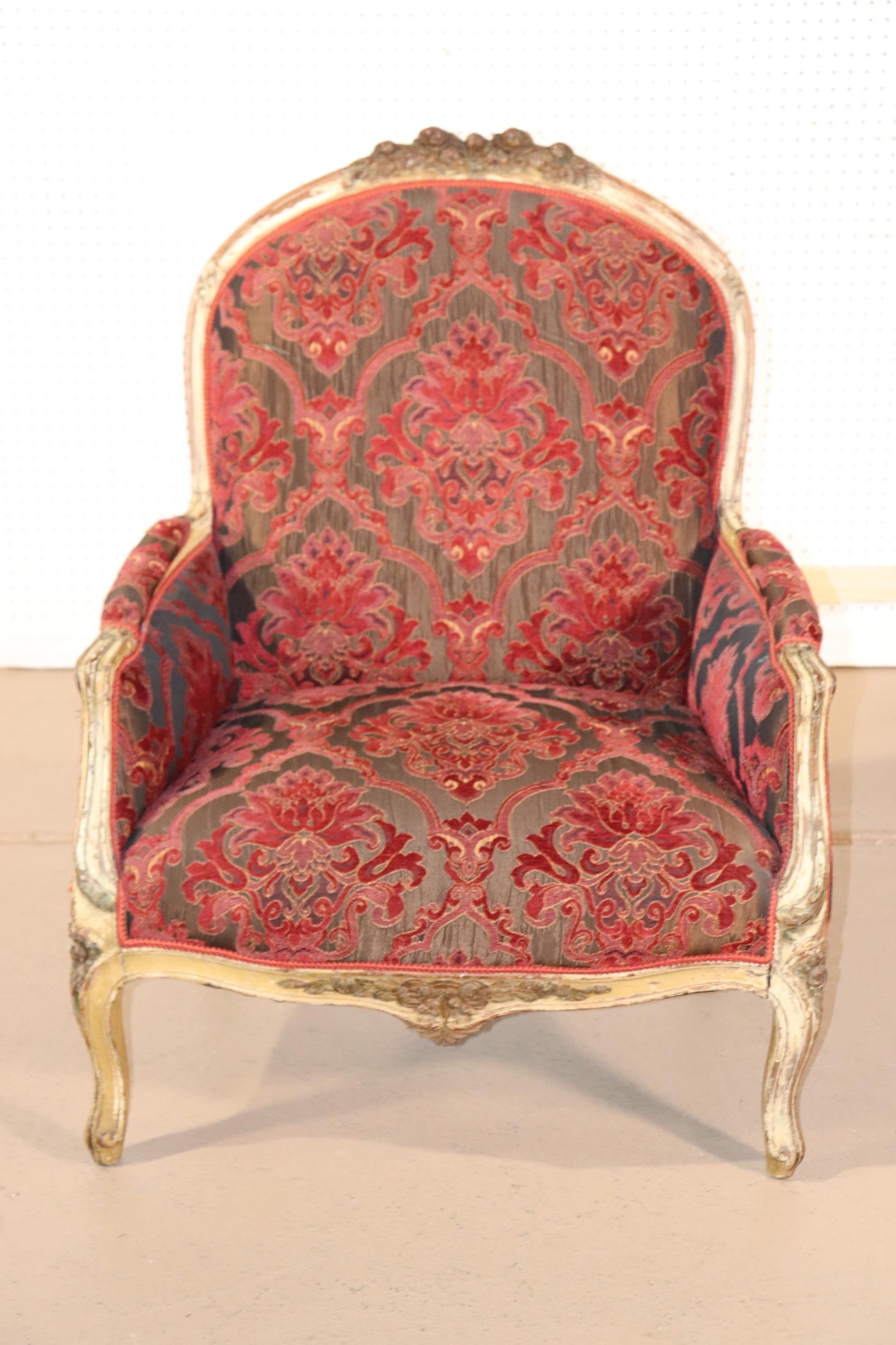 Fine Carved French Louis XV Paint Decorated Louis XV Bergere Chair Circa 1920 In Good Condition For Sale In Swedesboro, NJ