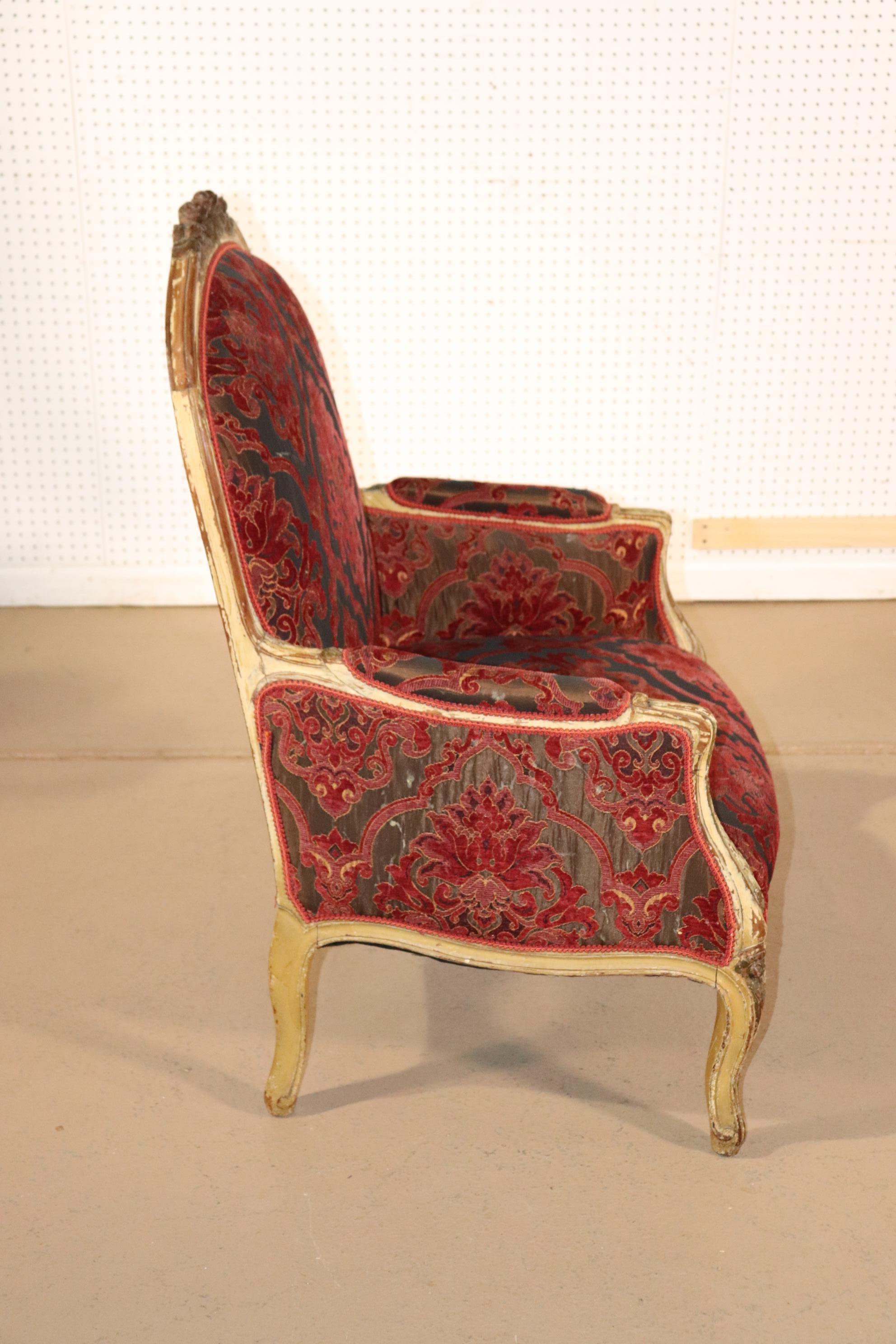 Walnut Fine Carved French Louis XV Paint Decorated Louis XV Bergere Chair Circa 1920 For Sale