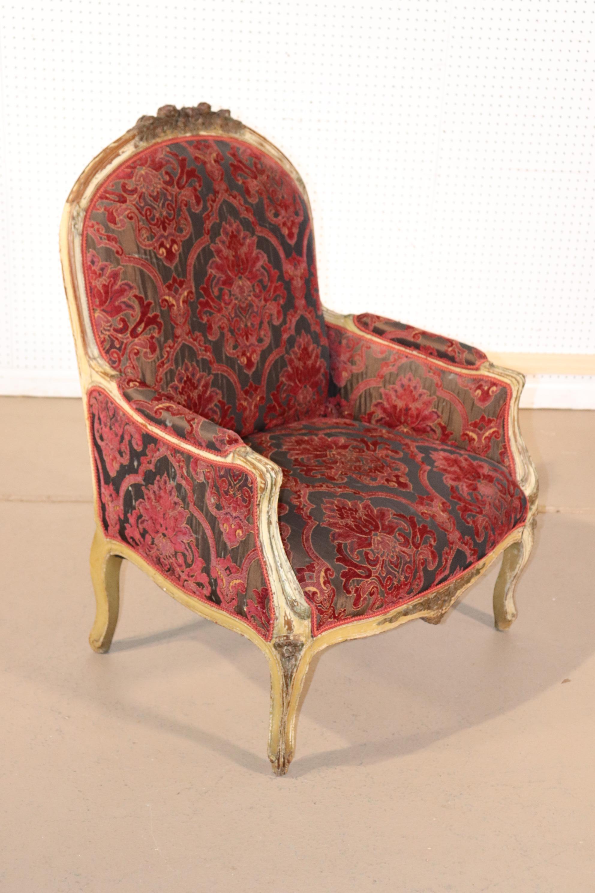 Fine Carved French Louis XV Paint Decorated Louis XV Bergere Chair Circa 1920 For Sale 1