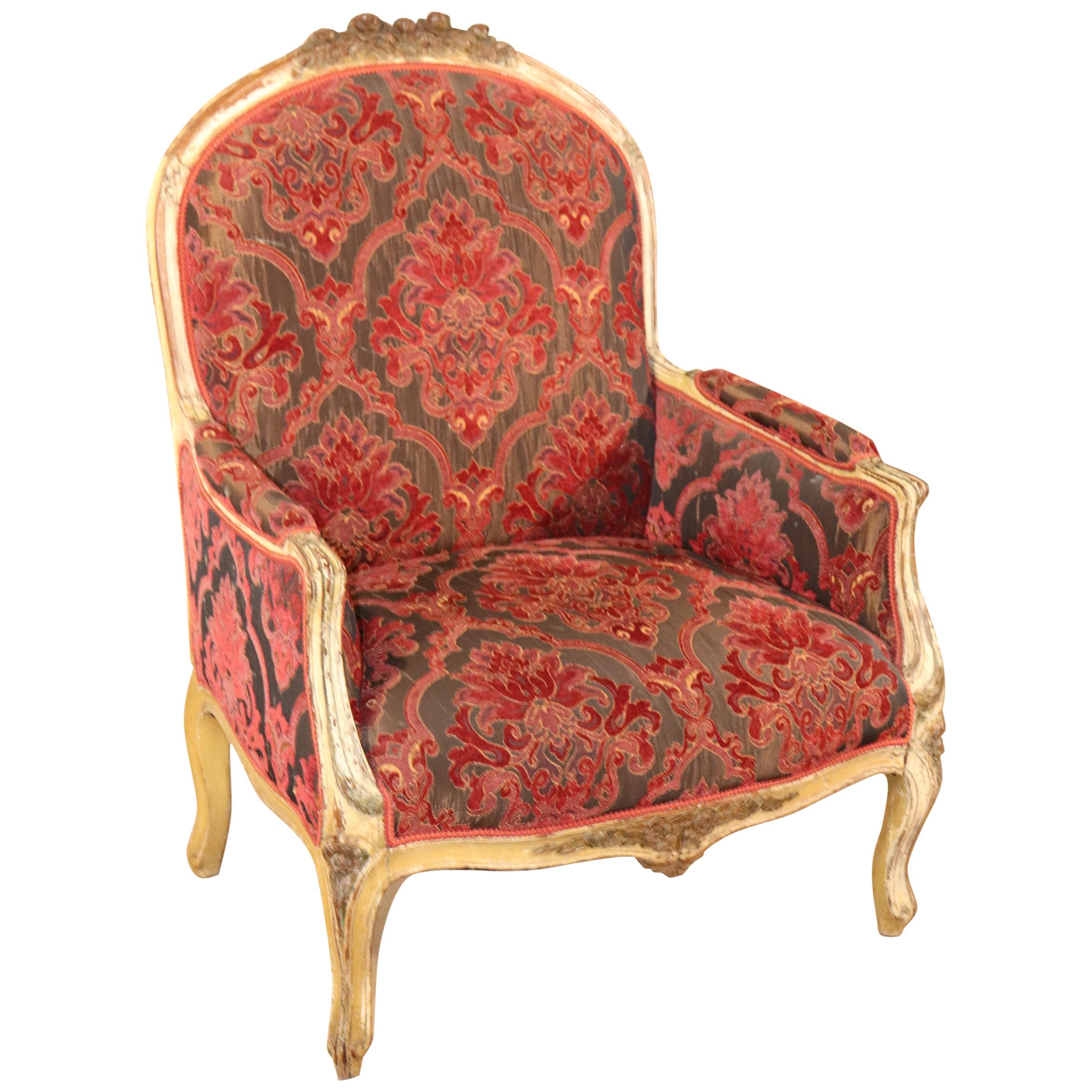 Fine Carved French Louis XV Paint Decorated Louis XV Bergere Chair Circa 1920 For Sale